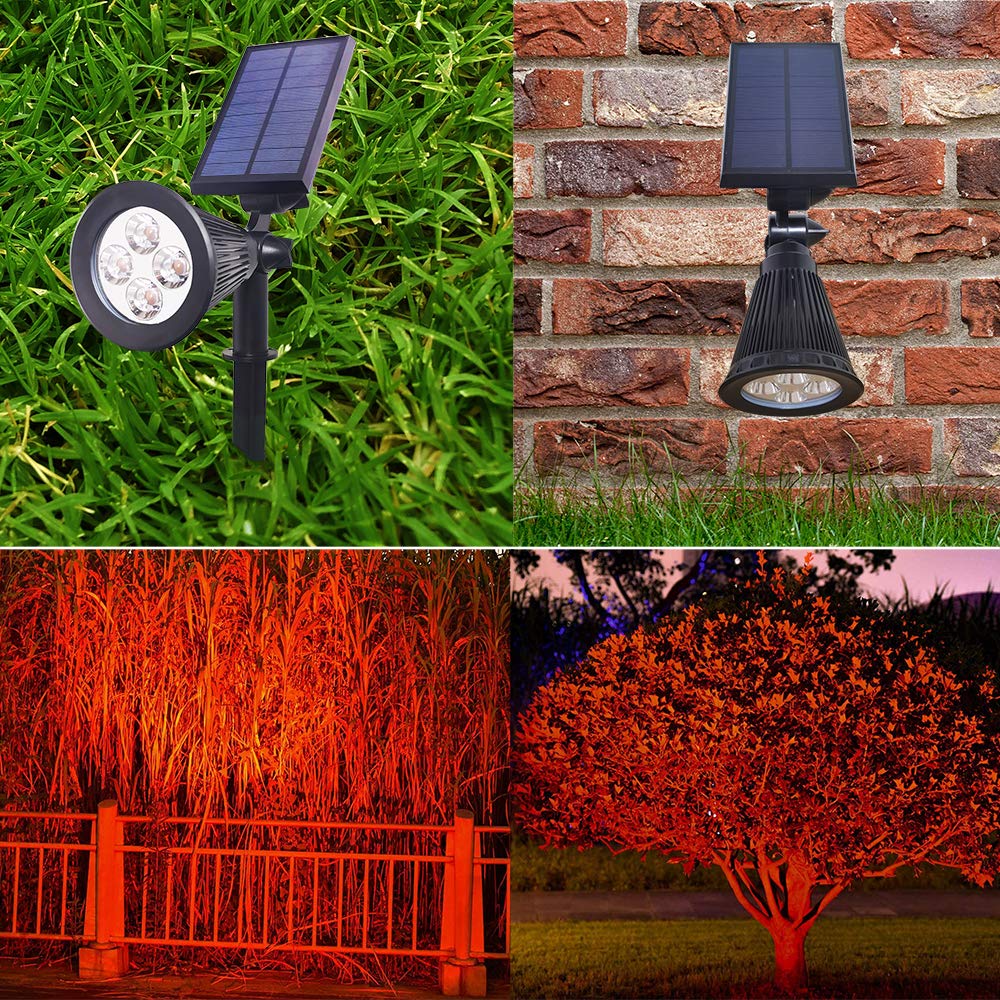 4-LED Solar Spotlight Outdoor Lights - IP67 Waterproof Solar Powered Landscape Lighting for Garden, Yard, Patio & Tree (2 Pack, Red) | Energy-Efficient Eco-Friendly Solar Lights for Pathway, Deck & Backyard Decoration