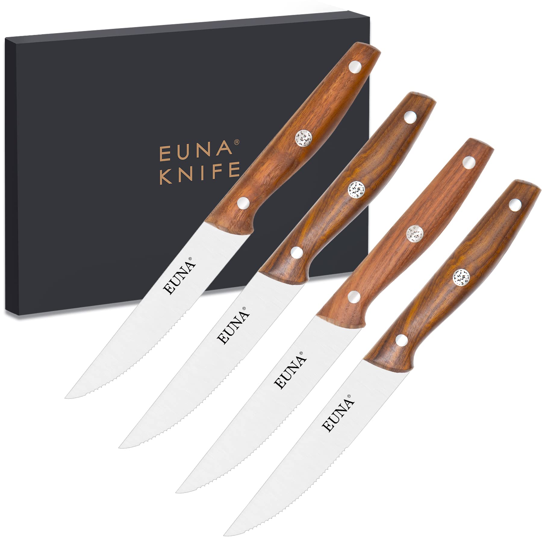EUNA 4-Piece Steak Knife Set - 4.5 Inch Ultra Sharp Serrated Blades with Ergonomic ASH Handle - Stainless Steel Dinner Knives in Gift Box - Perfect for Steakhouse Dining, BBQ Parties & Fine Dining at Home