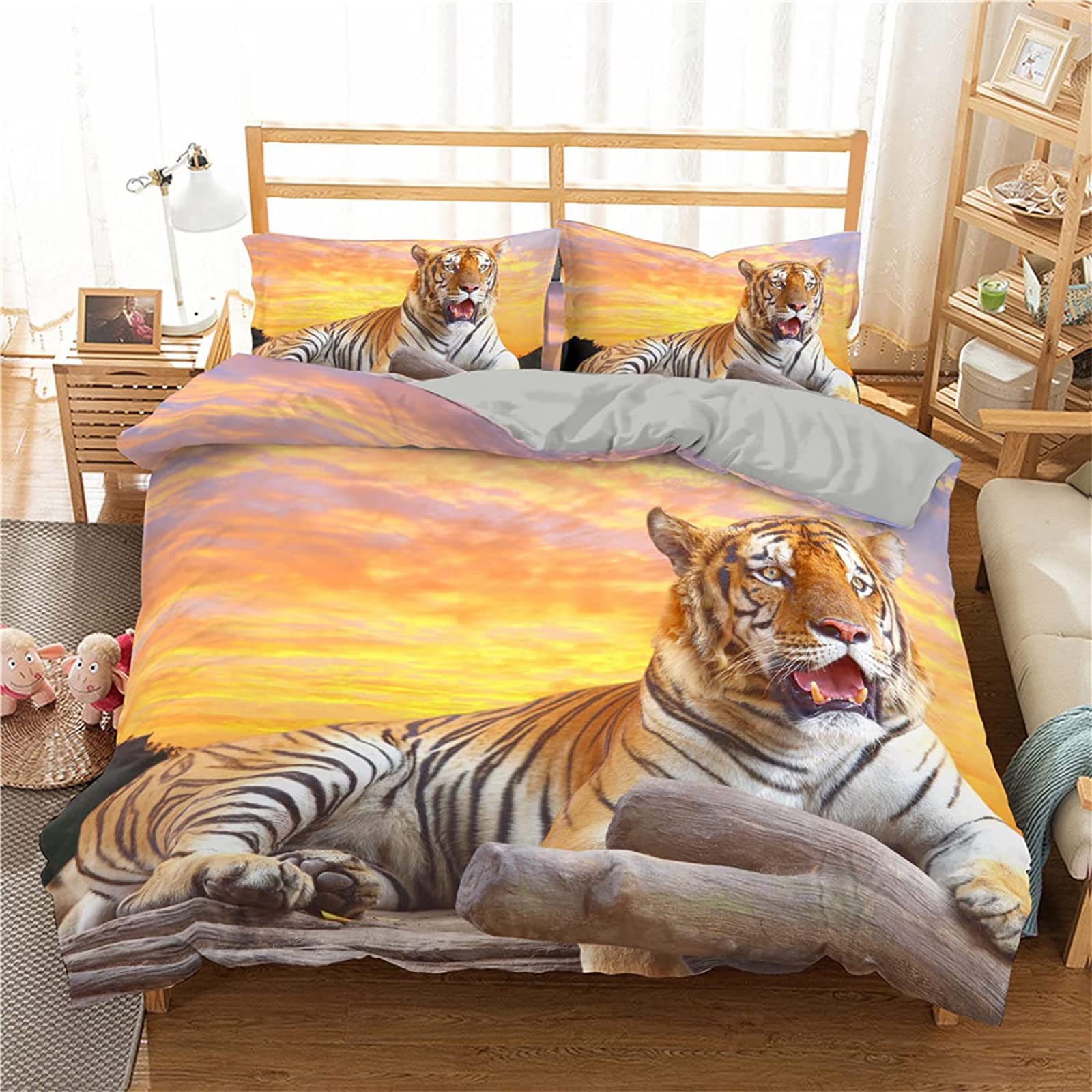 3D Printing Twin Duvet Cover Set - Yellow Tiger Pattern Soft Microfiber Comforter with Zipper Closure & 2 Pillowcases (20