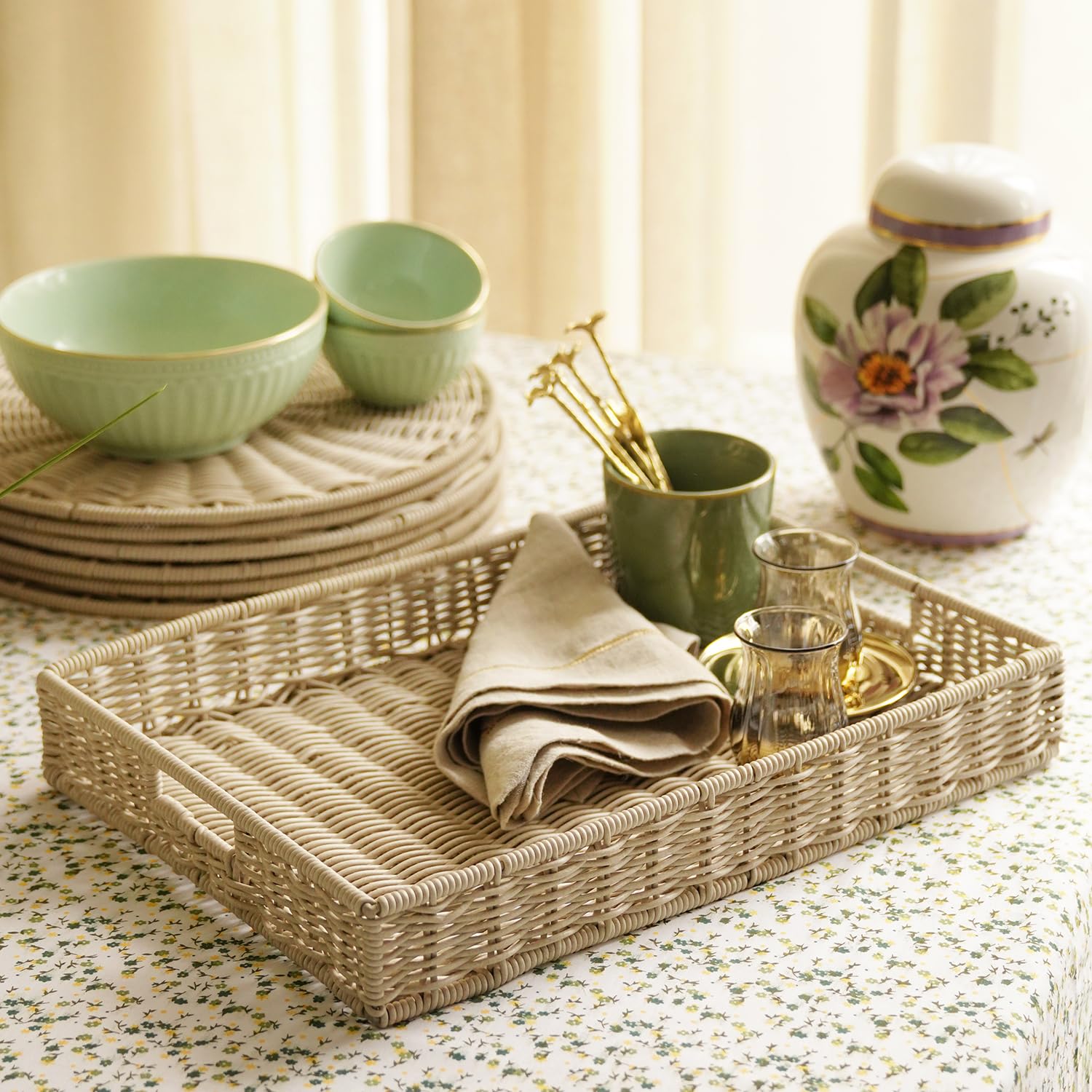 Pure Home & Living Ivory Resin Wicker Tray - Decorative Serving Tray for Coffee Table, Bathroom, or Dining Room | Elegant Home Decor & Organizer