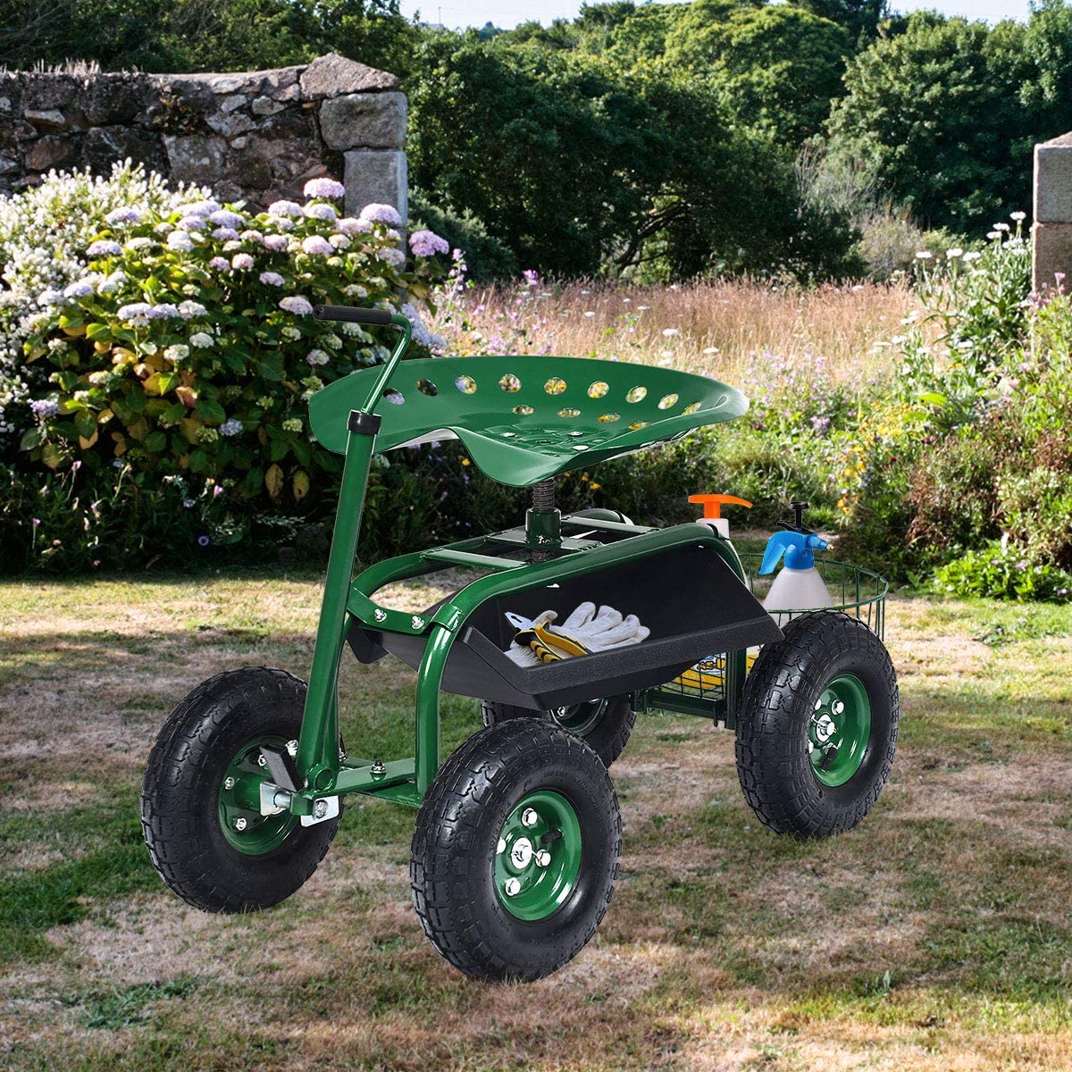 Goplus Rolling Garden Seat with Wheels - 360° Swivel Outdoor Gardening Scooter with Tool Tray & Basket, Adjustable Handle for Lawn Care, Planting & Weeding - Comfortable Garden Stool & Cart for Seniors & Adults (Perfect for Backyard, Flower Beds & Vegetable Gardening)