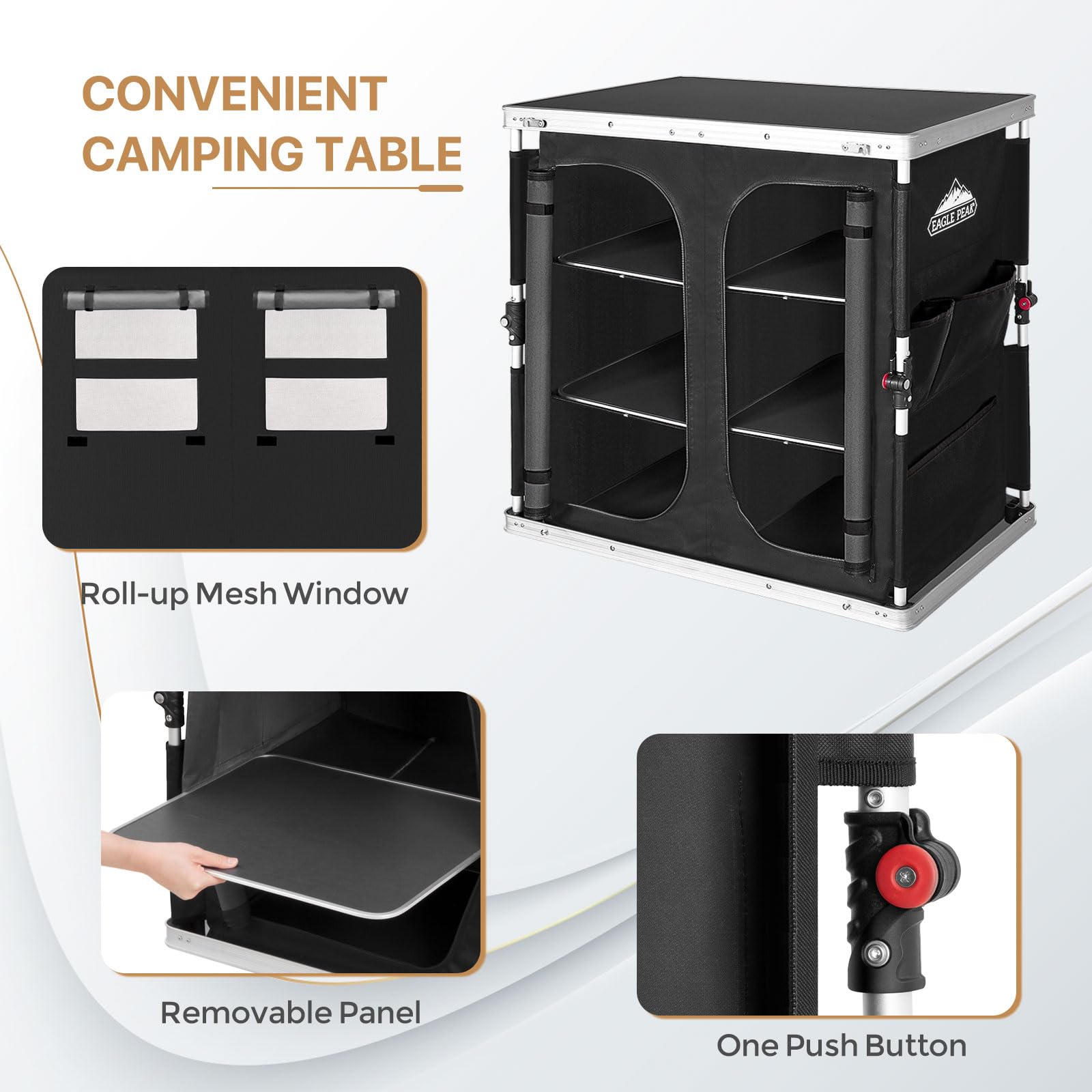 EAGLE PEAK Double Outdoor Folding Camping Table with 3-Tier Storage & Side Pockets - Portable Aluminum Camp Kitchen for Picnics, BBQs, Tailgating & RV Trips - Easy Setup Compact Design (Black)