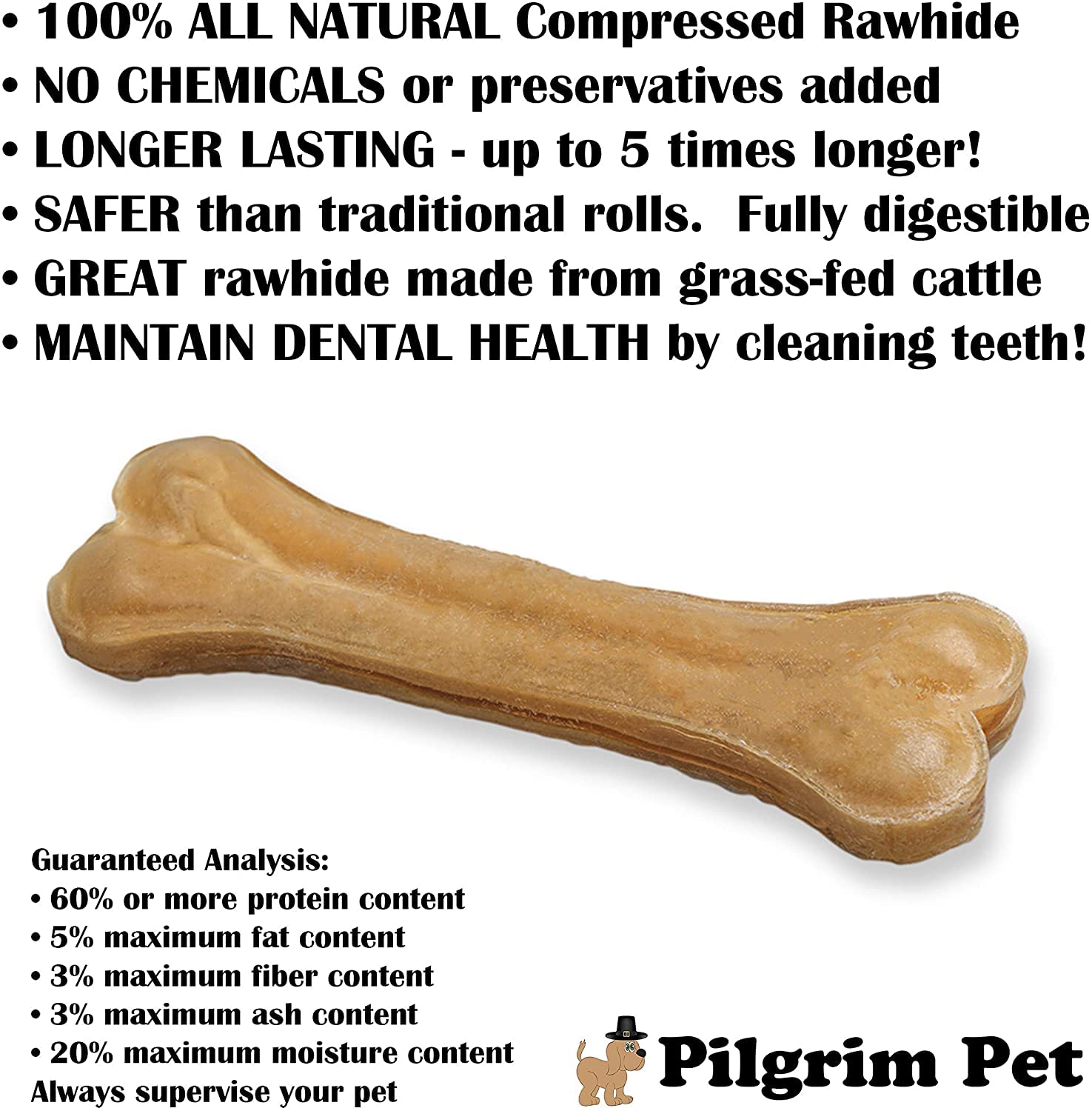 5-Pack Premium 100% Natural Compressed Rawhide Dog Bones for Aggressive Chewers - Long Lasting Medium Size (6.5
