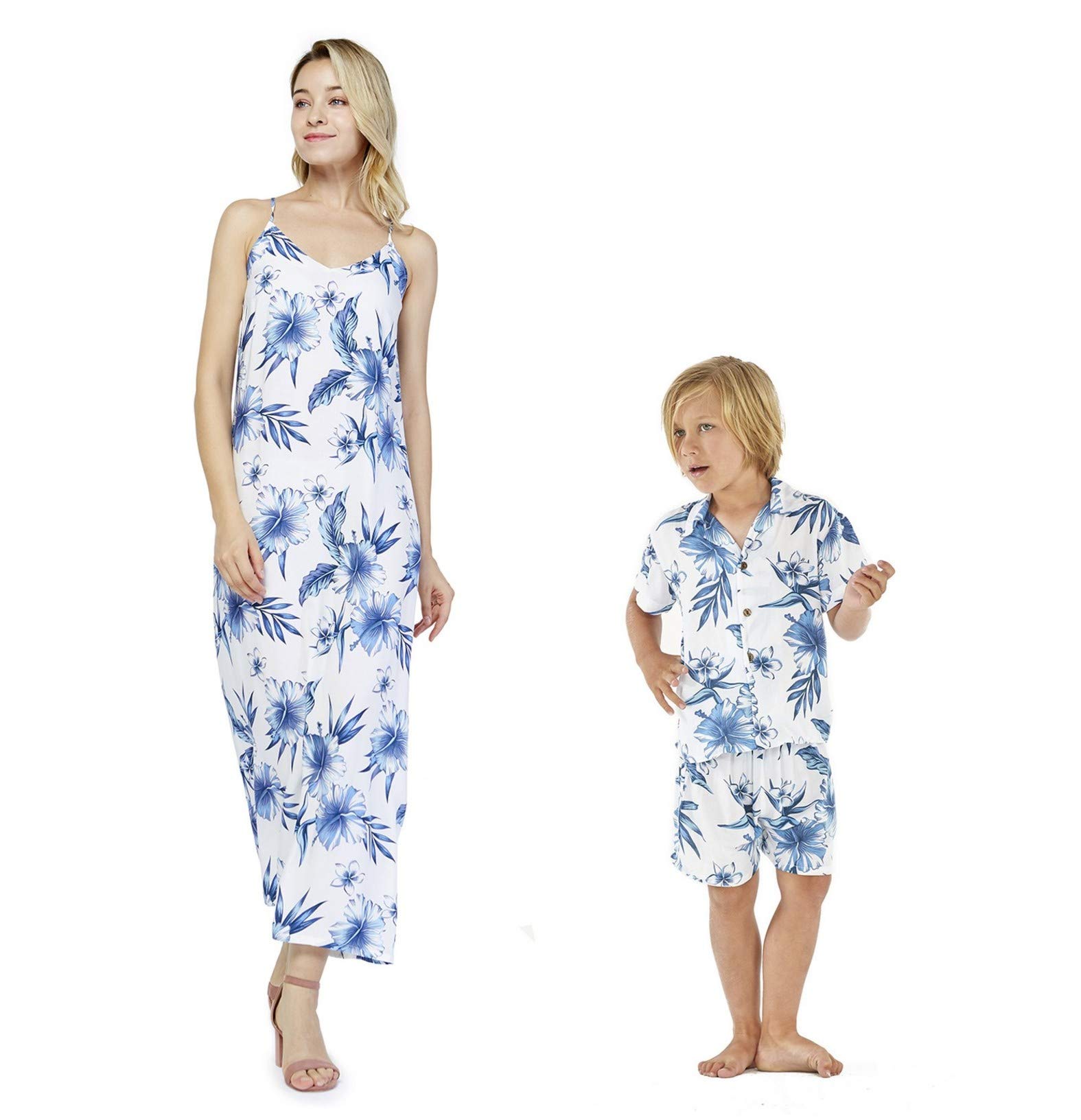 Stylish Matching Mother and Son Hawaiian Luau Outfits - Floral Aloha Shirt & Dress Set in Midnight Bloom | Perfect for Beach Vacations, Summer Parties, and Family Photos