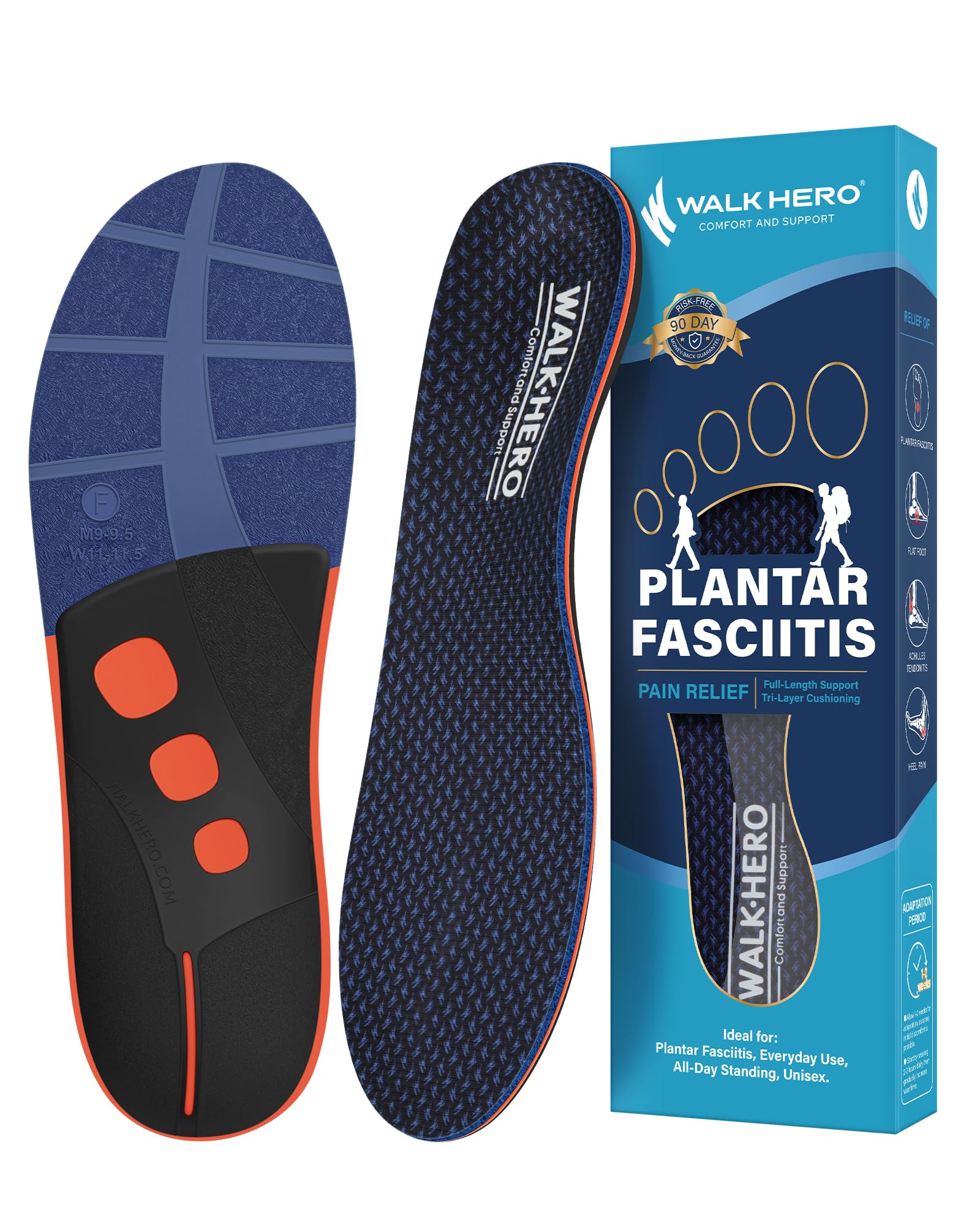 WalkHero Arch Support Insoles for Plantar Fasciitis Relief - Orthotic Shoe Inserts for Foot & Arch Pain - Fits Men's 12-12.5 & Women's 14-14.5 - Perfect for Work Boots, Sneakers & Hiking Shoes | All-Day Comfort for Standing, Walking & Running