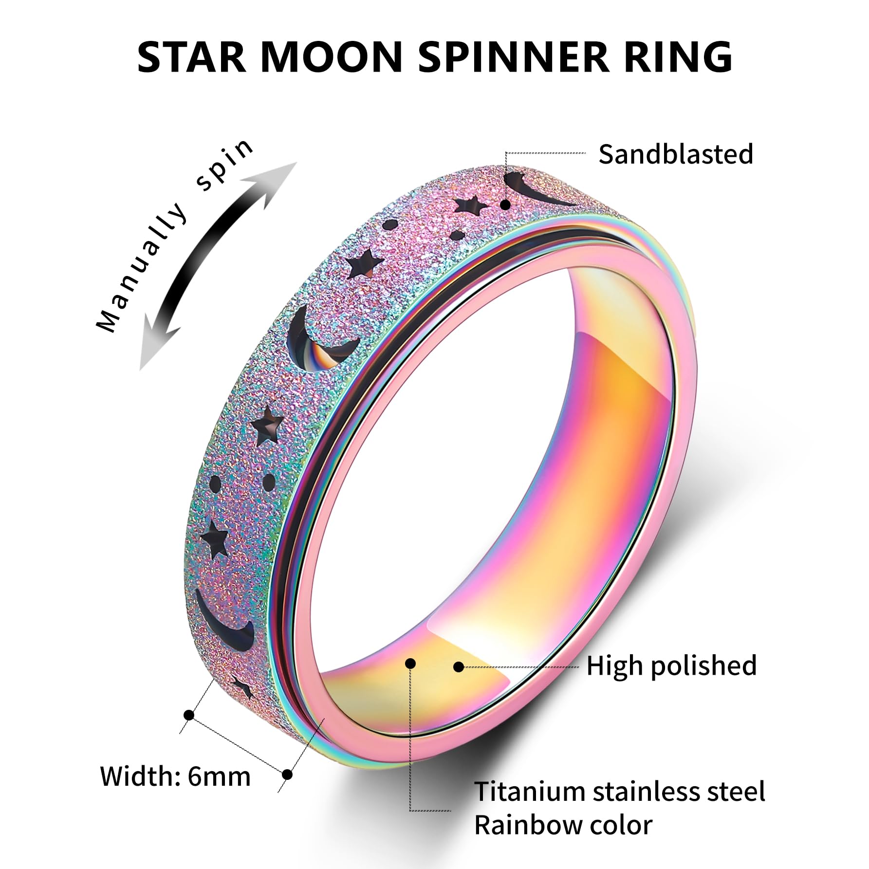Anxiety Spinner Ring for Women & Men - 6mm Stainless Steel Moon Star Jewelry Gift for Stress Relief