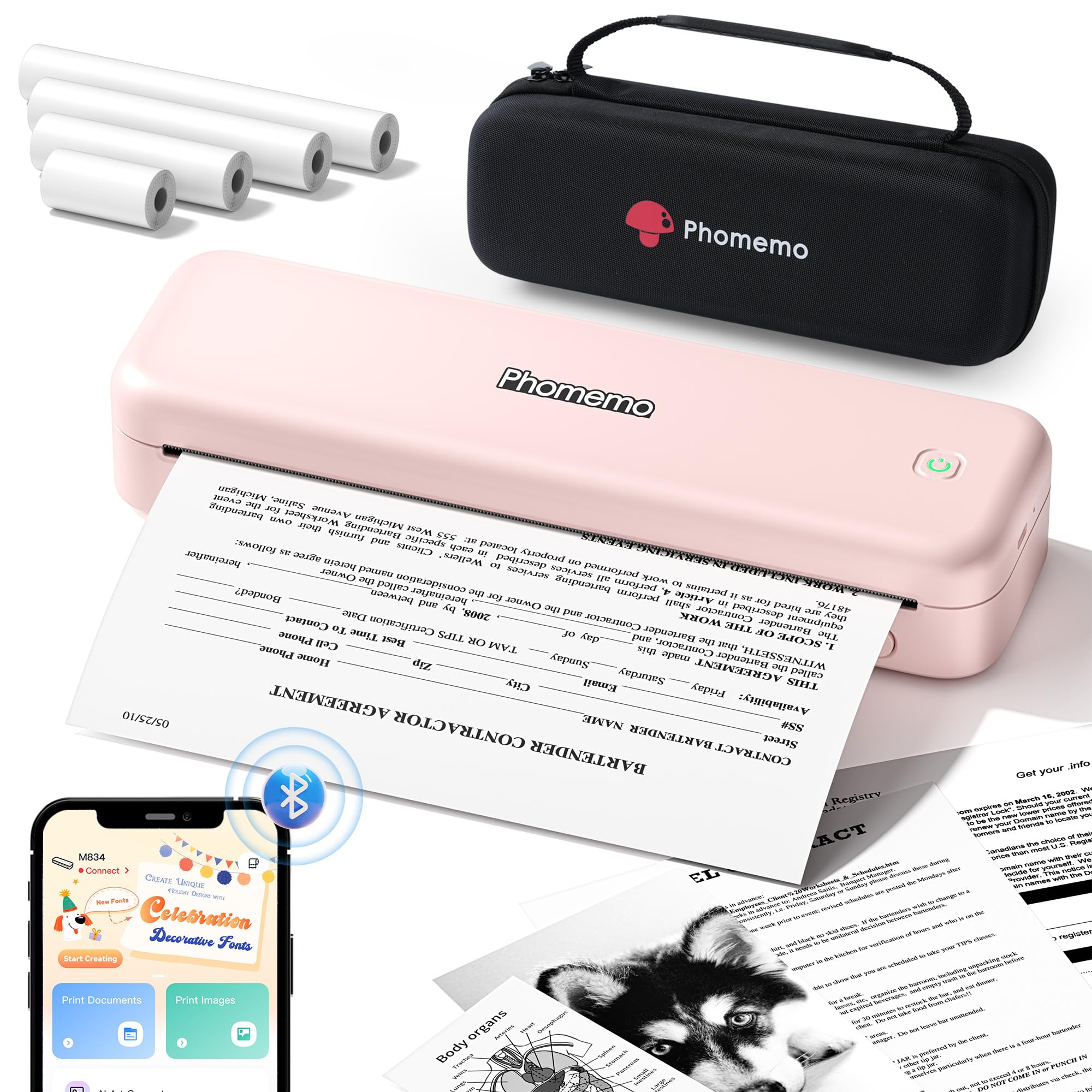 Phomemo M834 Bluetooth Thermal Printer - Wireless Portable Inkless Printer for Travel, Office & Home, 8.5x11 & A4 Size, Pink (with Carry Case) | Perfect for Printing Receipts, Labels, Photos & Documents On-The-Go