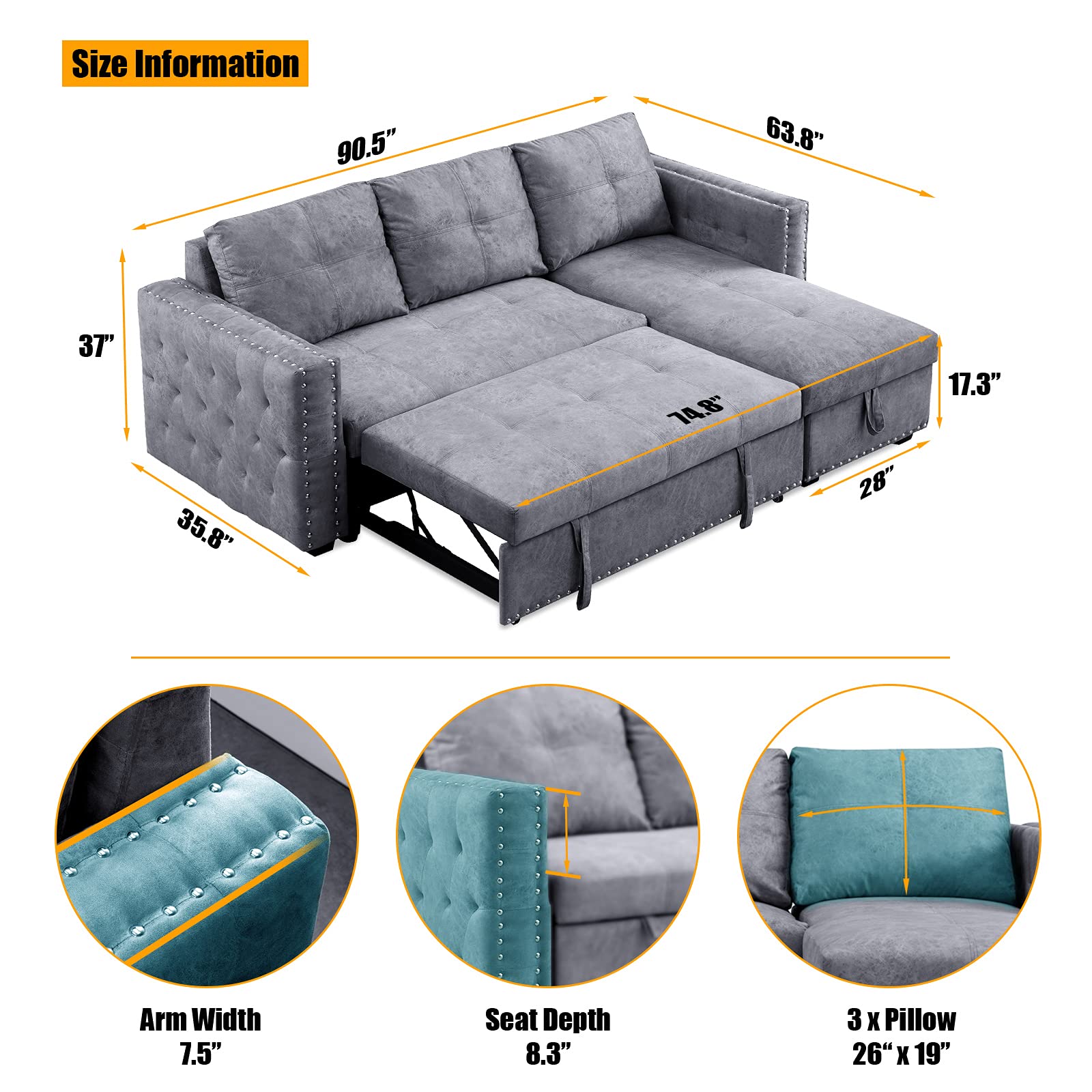 DEINPPA 3-Seat Sleeper Sectional Sofa with Pull-Out Bed - Reversible L-Shape Storage Chaise, Dark Gray Velvet Upholstery & Nailhead Trim - Perfect for Small Spaces, Apartments & Guest Rooms