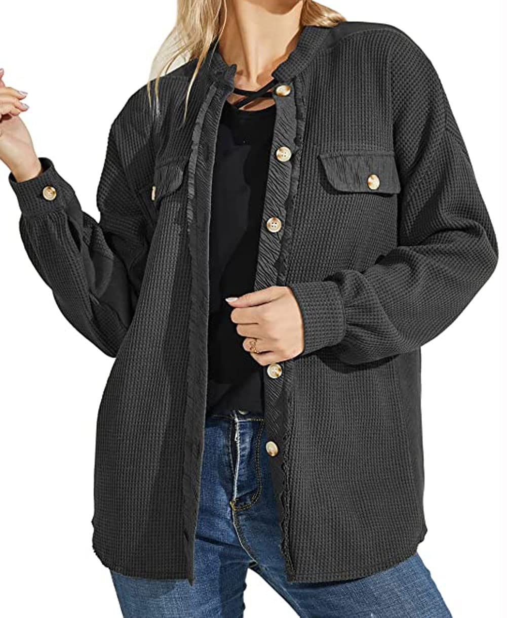 Loveimgs Women's Oversized Waffle Knit Shirt - Corduroy Long Sleeve Button Down Shacket Jacket for Fall | Casual Outfit, Layering Essential & Cozy Autumn Fashion