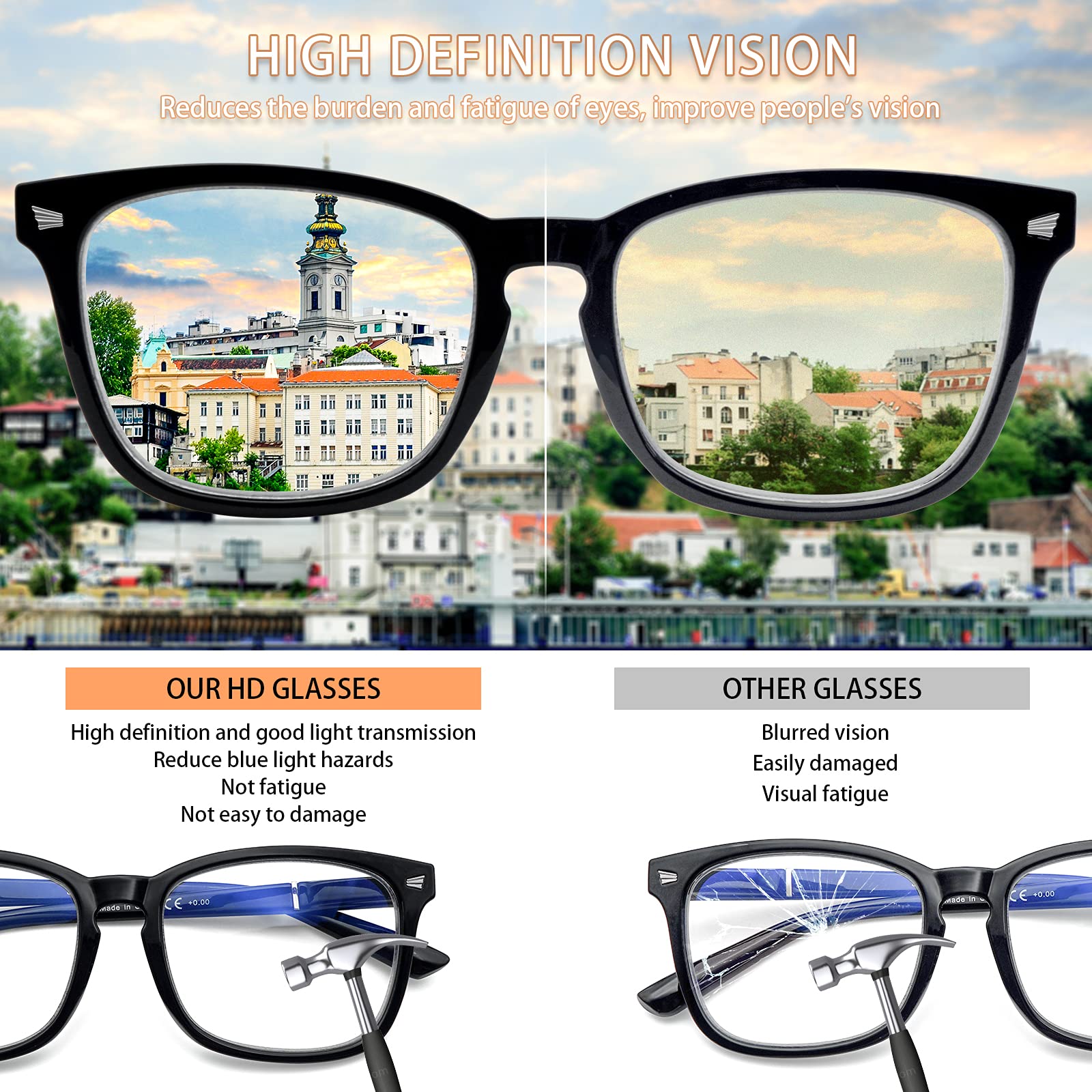 5 Pack Blue Light Blocking Reading Glasses - Anti UV Square Computer Glasses for Women & Men | Fashionable Nerd Eyeglasses (5C A, 0) | Perfect for Office Work, Gaming & Screen Time Protection
