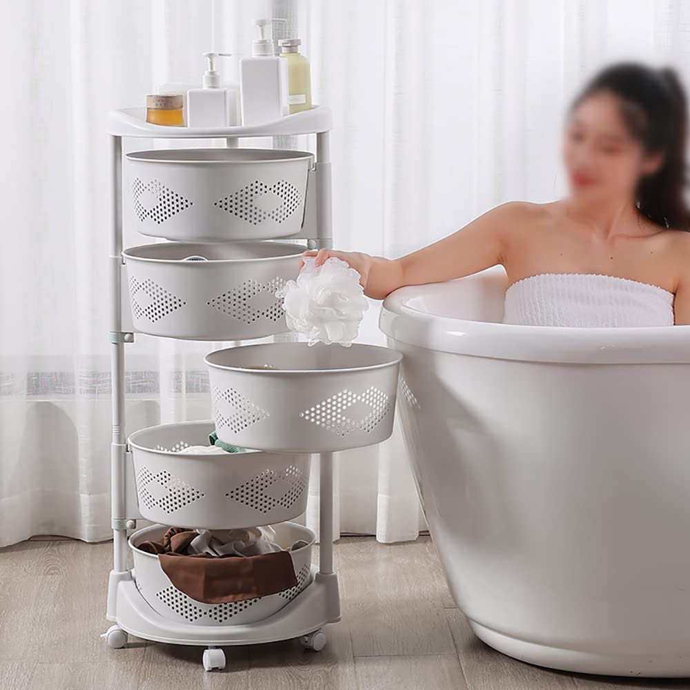Kaibrite 5-Layer Rotating Kitchen Storage Rack with Wheels, Multi-Layer Revolving Basket Shelf for Kitchen, Bathroom, Laundry Room, Garage, White - Perfect for Organizing Spices, Cleaning Supplies, and Pantry Items