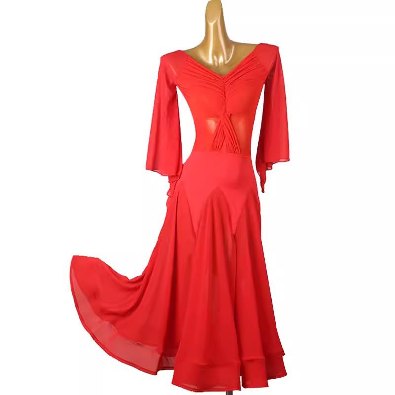 Elegant Women's Ballroom Dance Dress - V-Neck Mesh Waltz & Tango Performance Costume for Competition & Flamenco - Perfect for Latin, Standard, and Social Dancing Events