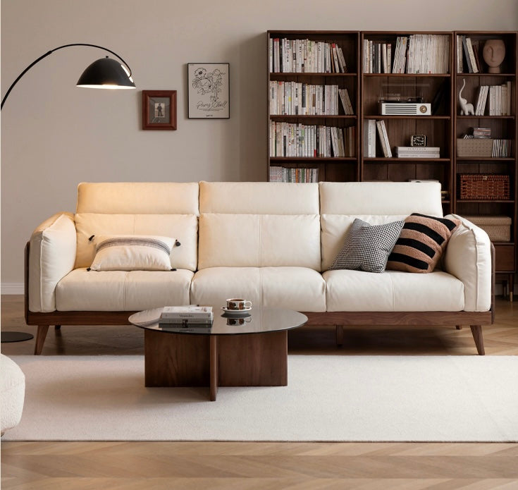 Premium Black Walnut & Ash Solid Wood Genuine Leather Down Sofa - Luxury Handcrafted Couch for Living Room, Lounge & Office Comfort
