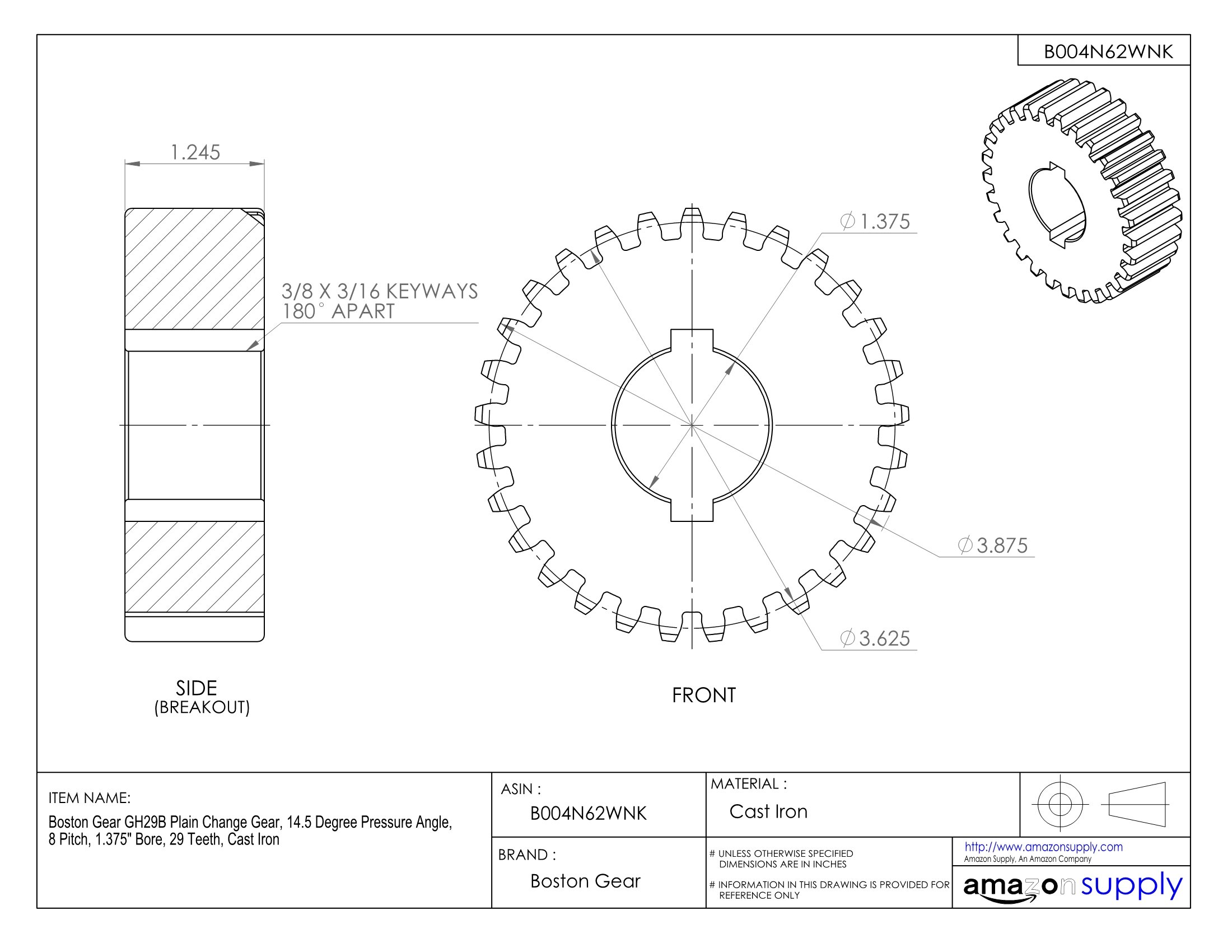 GH29B Plain Change Gear - 14.5° Pressure Angle, 8 Pitch, 1.375