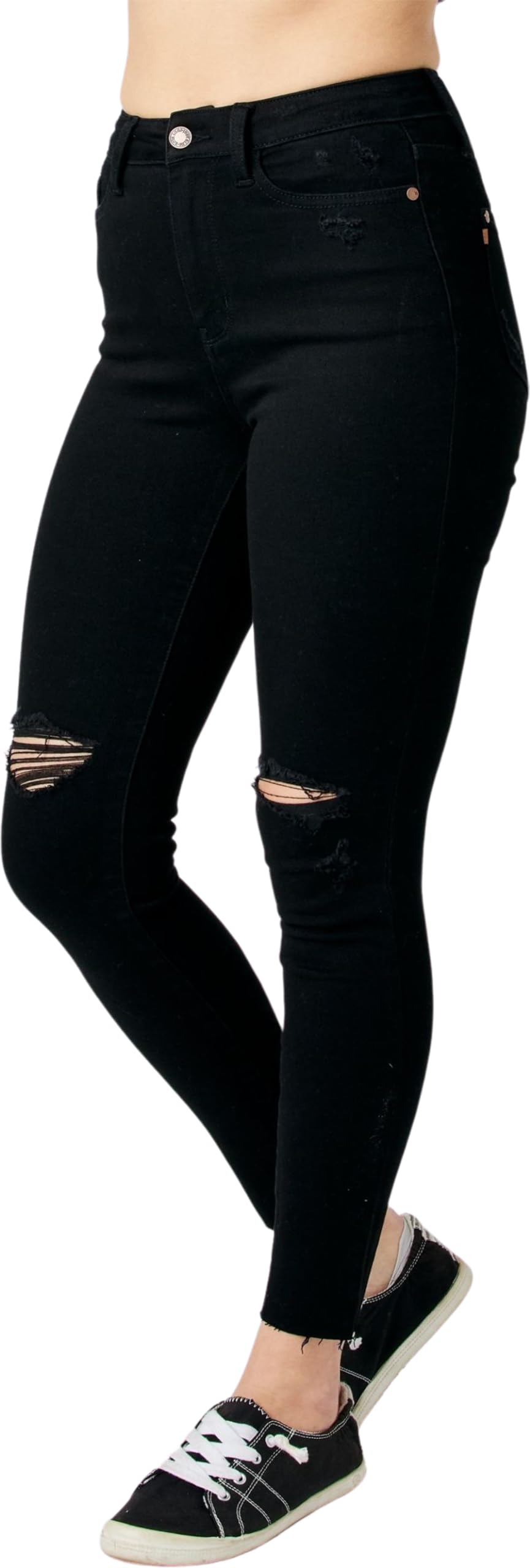 Judy Blue Women's High Rise Heavy Destroy Raw Hem Skinny Jeans - Stretch Denim Pants for Casual Wear, Night Out & Everyday Fashion