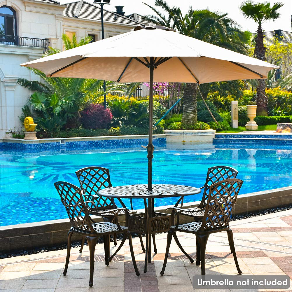 TITIMO 5-Piece Outdoor Patio Dining Set - All-Weather Cast Aluminum Furniture with 4 Chairs & 1 Round Table | Umbrella Hole, Lattice Weave Design | Perfect for Garden, Deck, Backyard & Poolside Dining