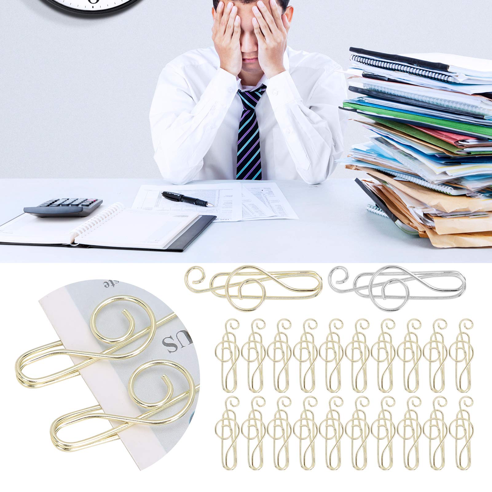 20Pcs Music Themed Stainless Steel Paper Clips - Gold Musical Note Office Supplies for Organizing Documents, School Projects & Gift Wrapping (Elegant Gift Box Included) - Perfect for Teachers, Students & Music Lovers