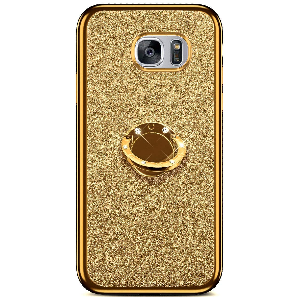 Sparkly Rhinestone Diamond TPU Case for Samsung Galaxy S7 - Luxury Crystal Bling Shockproof Cover with Ring Kickstand (Gold) | Perfect for Parties, Weddings & Everyday Glam Protection