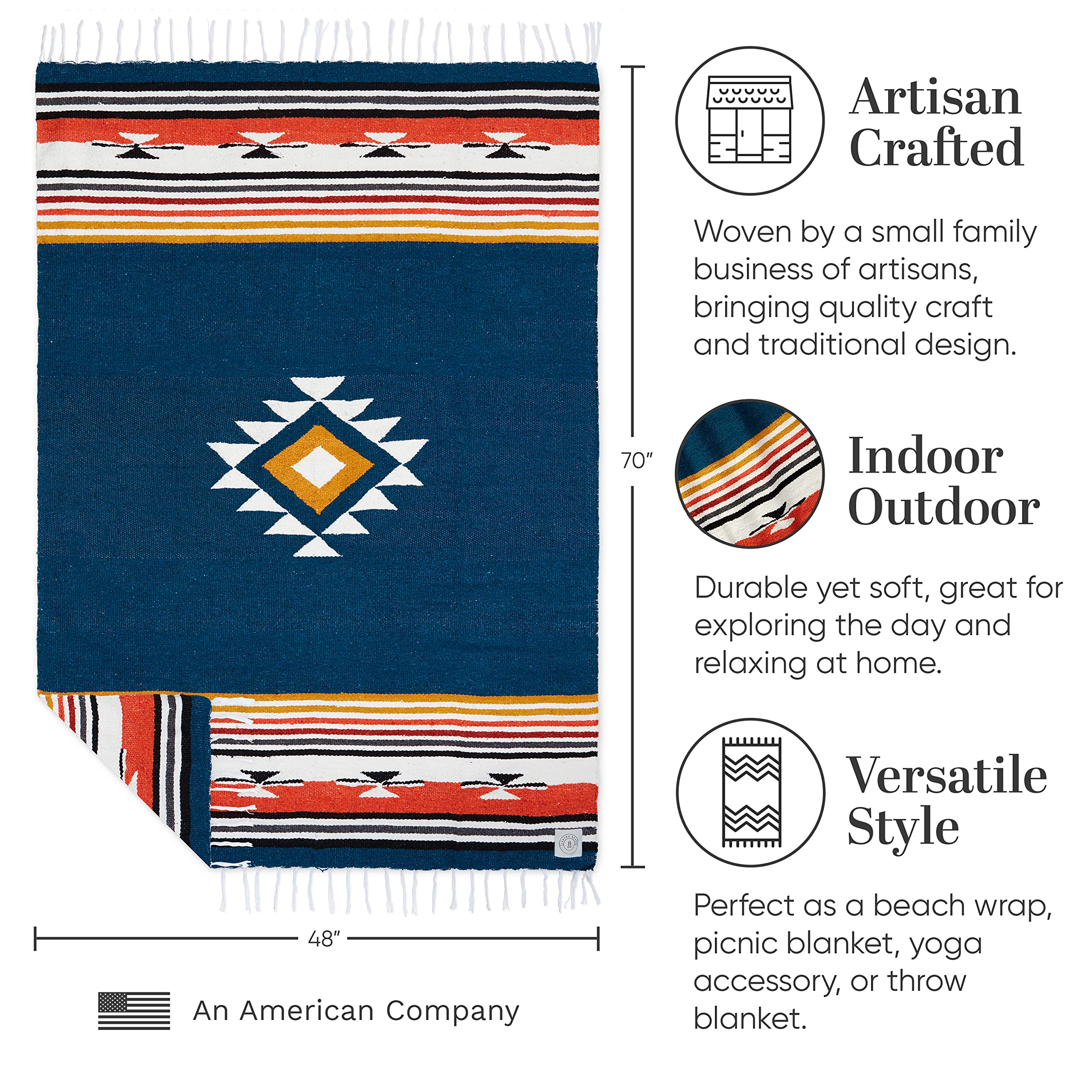 Blue and Tan Mexican Blanket by Laguna Beach Textile Co | Handwoven Serape Throw for Beach, Yoga, Camping & Home Decor | Traditional Baja Blanket in Navy | Perfect for Picnics, Sofa Accents & Outdoor Adventures