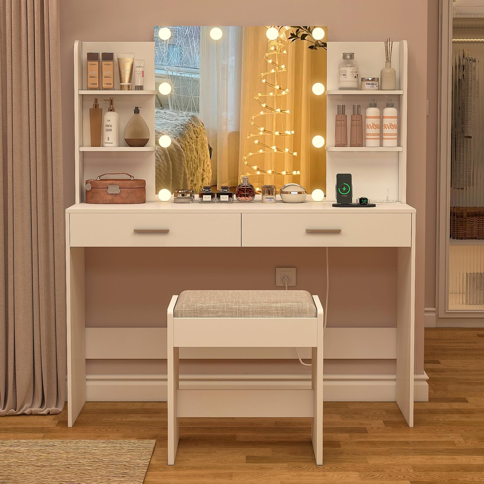 White Vanity Desk with Mirror & LED Lights - 2 Drawers & 6 Storage Shelves, Dressing Table with Power Outlet for Women & Girls - Perfect for Bedroom Makeup & Beauty Routine
