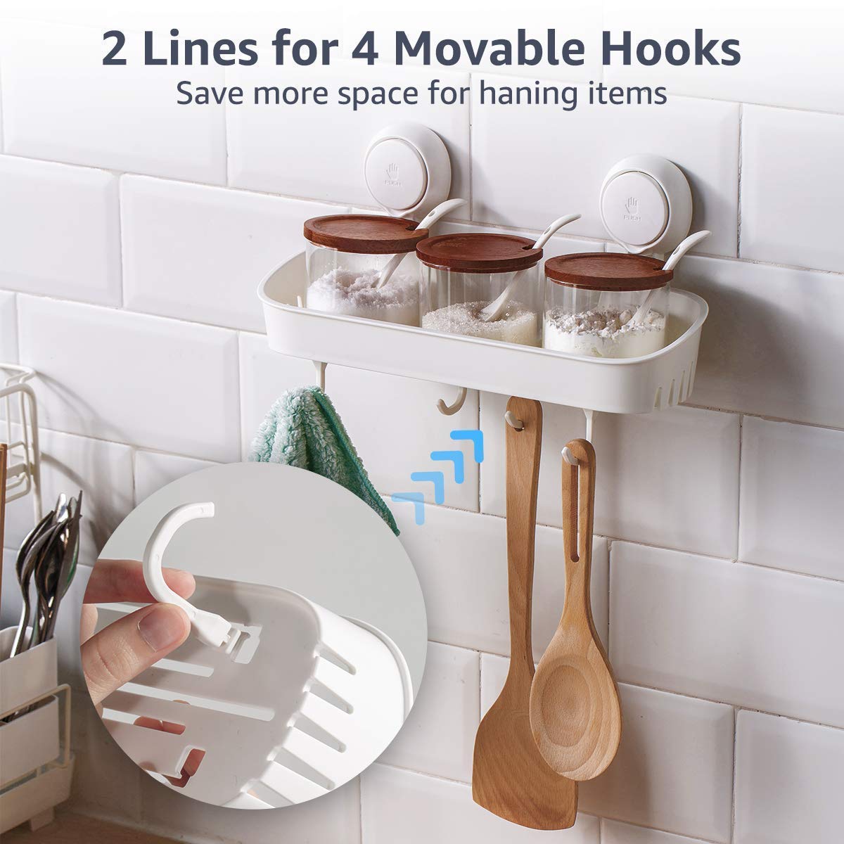 2-Piece Suction Cup Storage Set for Bathroom & Kitchen - Hooks & Spice Rack Organizer for Towels, Clothes, Jars & Condiments - No Drill Removable Adhesive Hanging Solution - Perfect for Small Spaces, Apartments & RVs