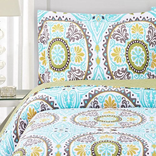 Reversible Quilted Oversize Bed Coverlet Set with Pillow Shams - Twin Size Blue & Sage - Perfect for Guest Rooms, Dorms & Cozy Bedroom Decor