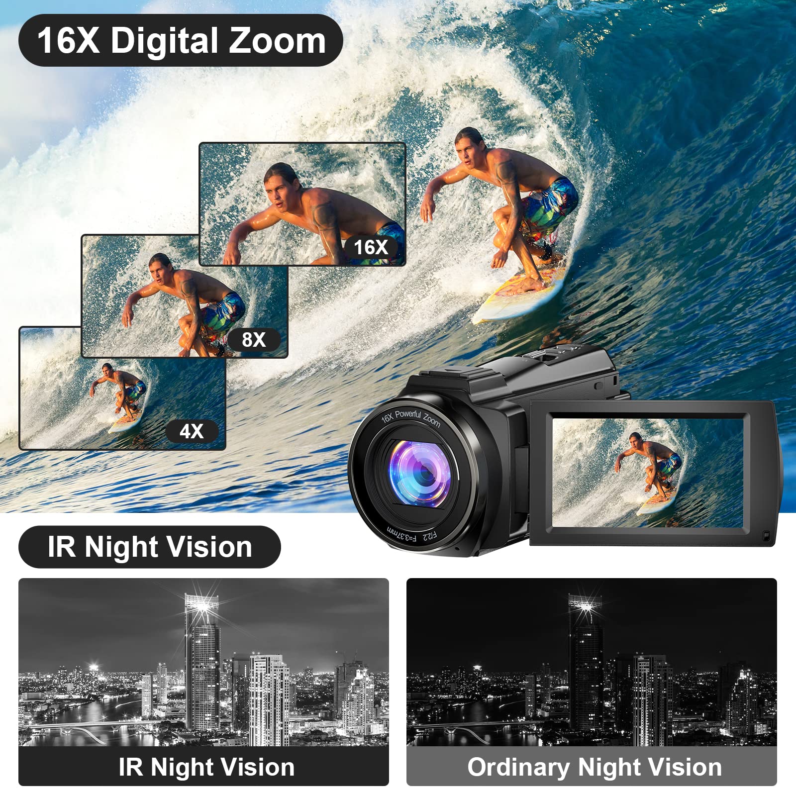 5K Ultra HD Video Camera Camcorder - 48MP WiFi Vlogging Camera with IR Night Vision, 16X Digital Zoom & Touch Screen - Perfect for YouTube, Travel Vlogging & Live Streaming - Includes External Mic, Lens Hood, Stabilizer, Remote & 2 Batteries