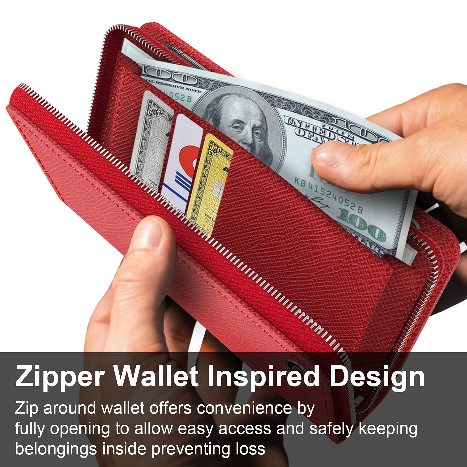 JUST4YOU iPhone 13 Wallet Case with Zipper & Strap - Premium PU Leather Flip Cover Folio with Card Holder (Red) - Perfect for Travel, Work & Everyday Protection