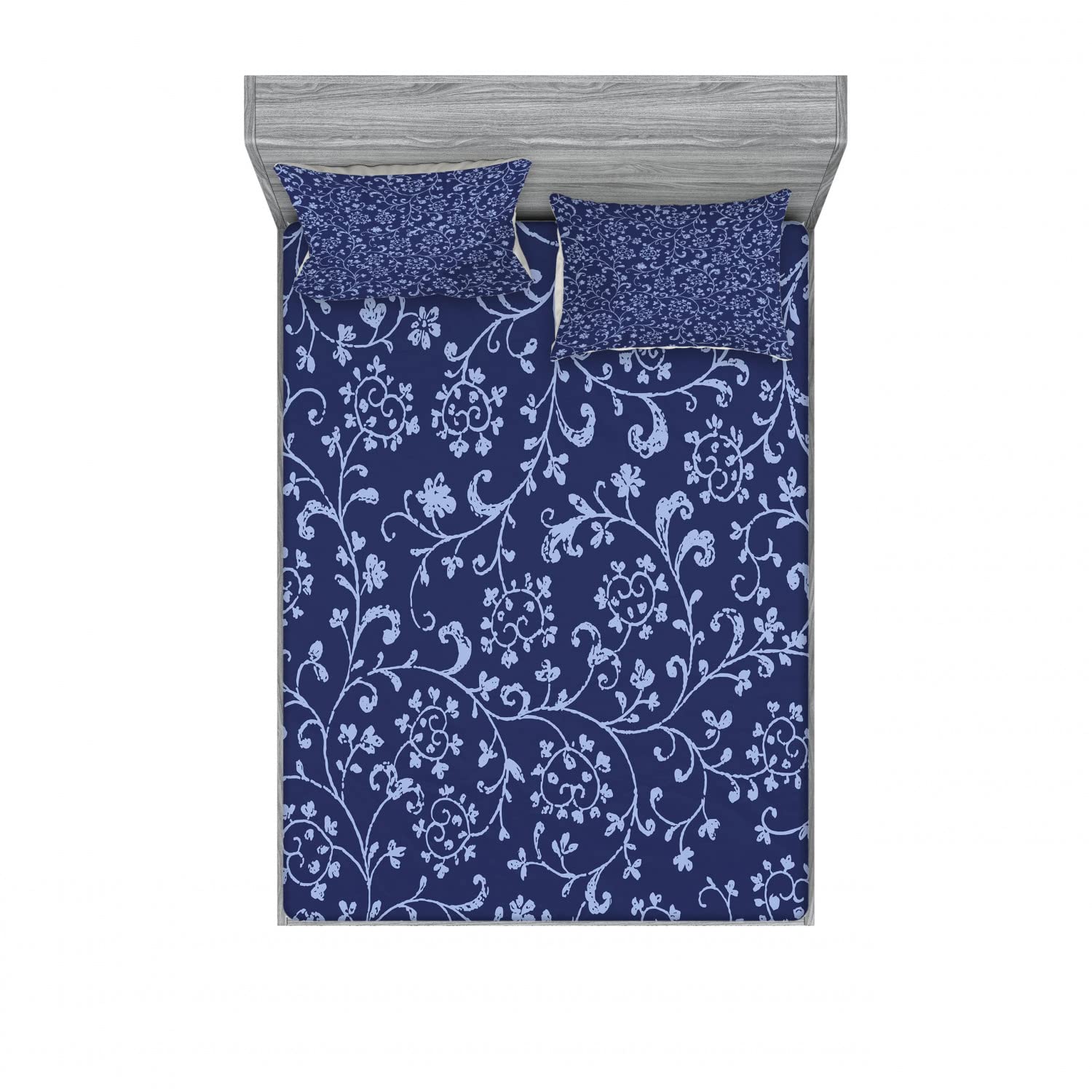 Ambesonne Floral 2-Piece Queen Size Fitted Sheet Set with 4 Pillow Shams - Baroque Classic Damask Pattern Bedding in Indigo Violet Blue | Luxury Bedroom Decor for Master Suite, Guest Room & Vacation Homes