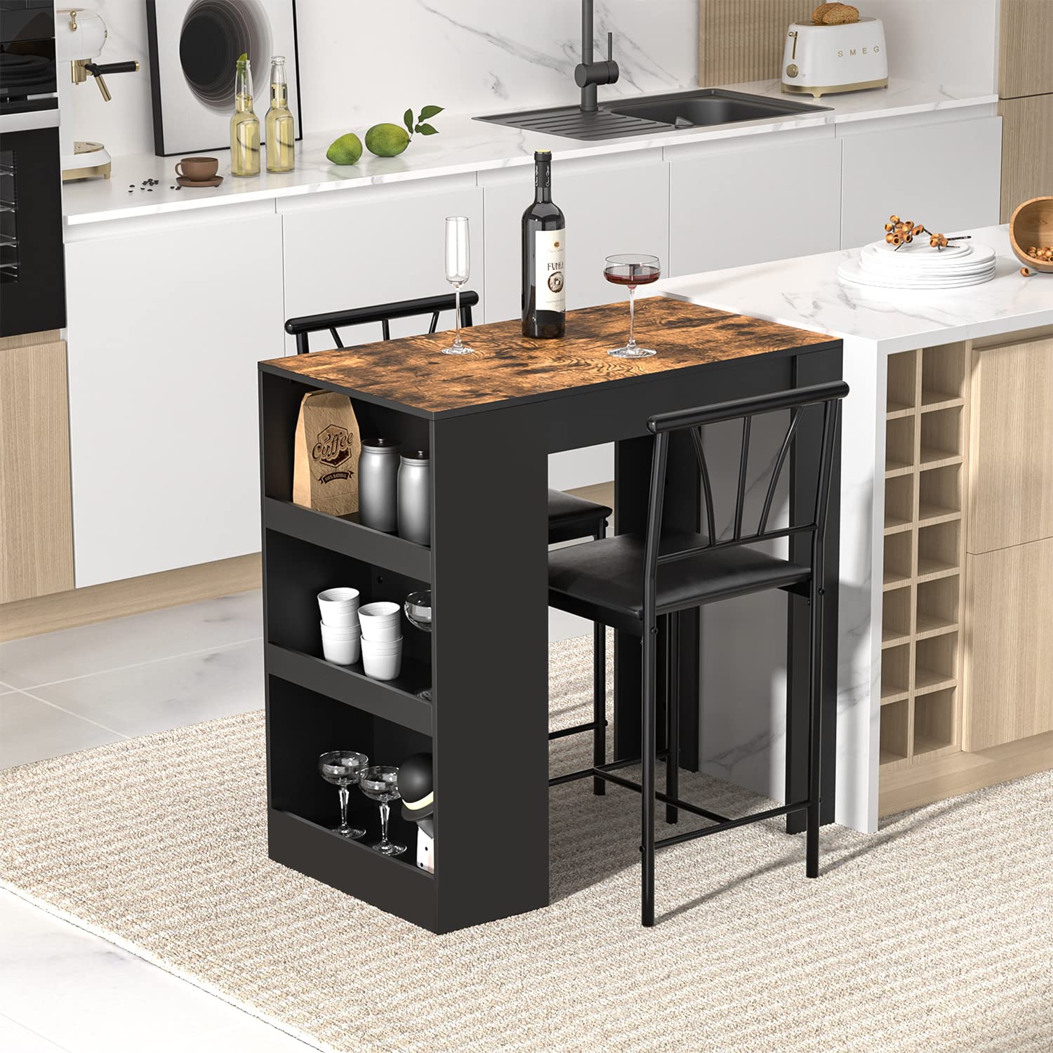VECELO 2-Piece Small Bar Table and Chairs Set with Storage Shelves - Space Saving Tall Kitchen Breakfast Nook Dining Set for Two, Black - Perfect for Small Apartments, Studio Kitchens and Cozy Breakfast Corners