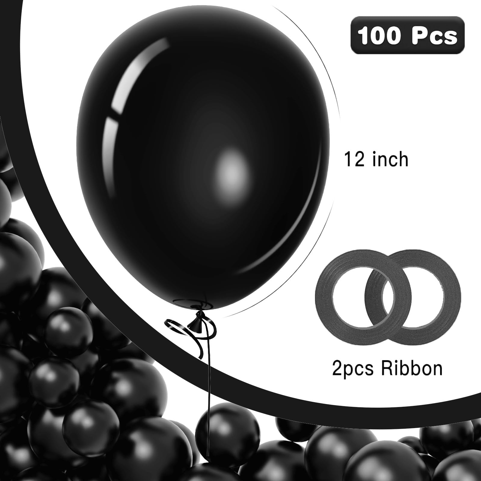 100PCS 12 Inch Black Latex Balloons for Party Decorations - Valentine's Day, Birthday, Wedding, Anniversary, Baby Shower & Halloween - Includes Black Ribbons for Balloon Arches and Ceiling Displays