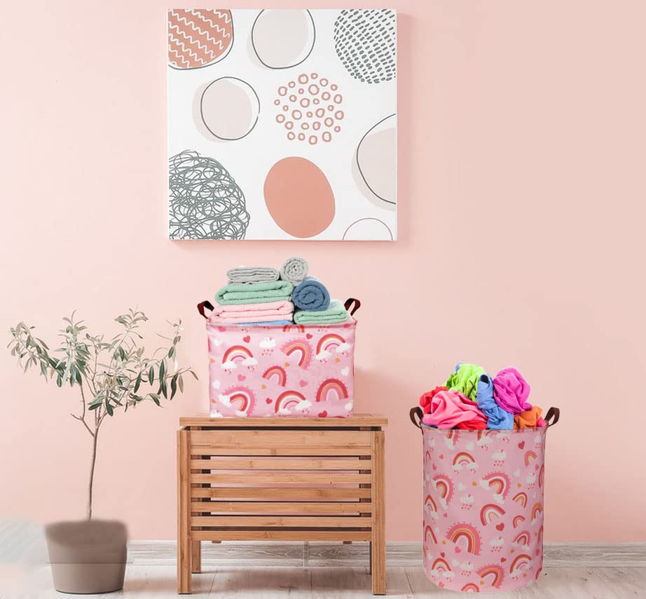 Pink Collapsible Laundry Hamper Basket - Rainbow Storage Organizer for Kids Room, Toy Storage, Girls Decor, Gift Hamper - Perfect for Bedroom, Nursery, Playroom & Dorm Organization