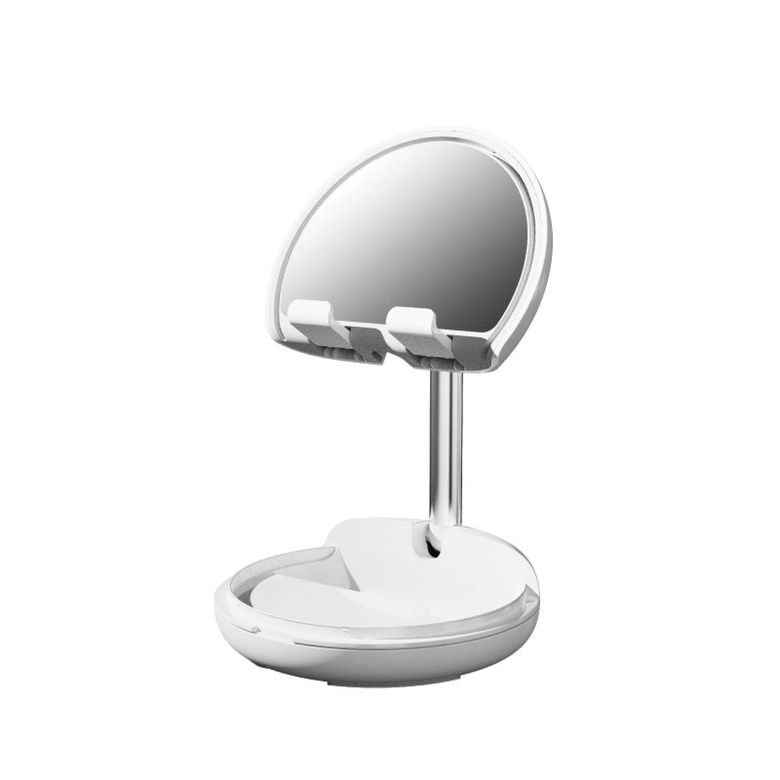 Multi-Function White Phone Holder with Folding Stand & Mini Makeup Mirror - Portable Telescopic Desktop Stand for iPhone, iPad, Tablet - Perfect for Office, Home, Travel & Makeup Touch-Ups