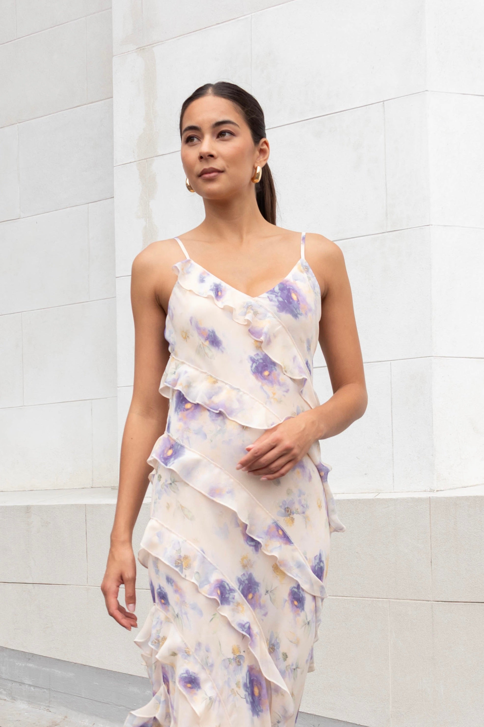 Galore Peach Blue Floral Bias Ruffle Slip Maxi Dress - Women's Summer Beach Wedding Party Dress for Vacation & Special Occasions