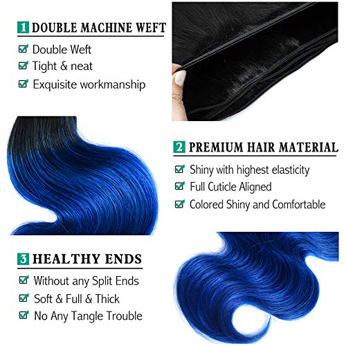 Ombre Hair Bundles 1B/Blue - Brazilian Remy Human Hair Extensions - Body Wave 2-Tone Ombre (16