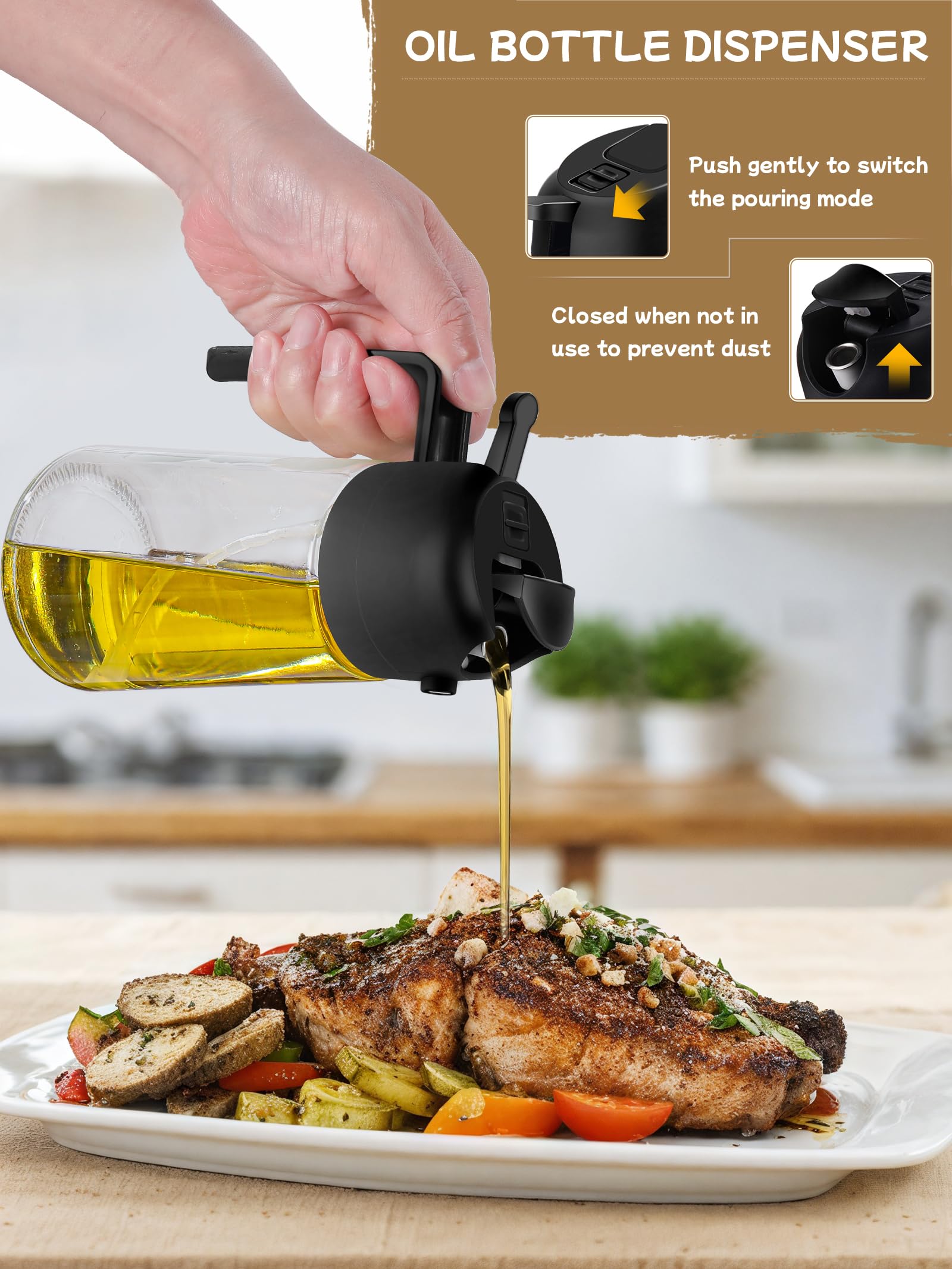 2-in-1 Oil Dispenser & Sprayer Bottle - 16oz Olive Oil Sprayer for Cooking, Air Fryer, Salad & Grill - Premium Kitchen Gadgets (2-Pack, Black) - Perfect for Healthy Cooking & Meal Prep