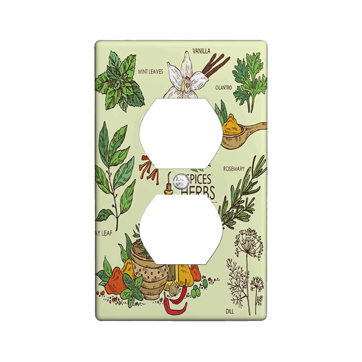 Vintage Green Herbs & Spice Wall Plate - Vanilla, Mint, Bay Leaf, Cilantro, Dill & Saffron Design - 1-Gang 4.50