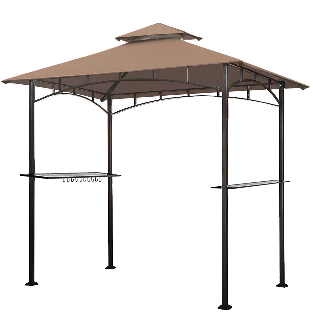 Eurmax USA 5x8 FT Grill Gazebo with Double Tier Soft Top Canopy - Steel Frame Outdoor Shelter for Patio, Backyard BBQ, and Garden Parties - Includes 2 Bonus LED Lights (Khaki) | Perfect for Outdoor Cooking, Entertaining, and Relaxing in Your Yard