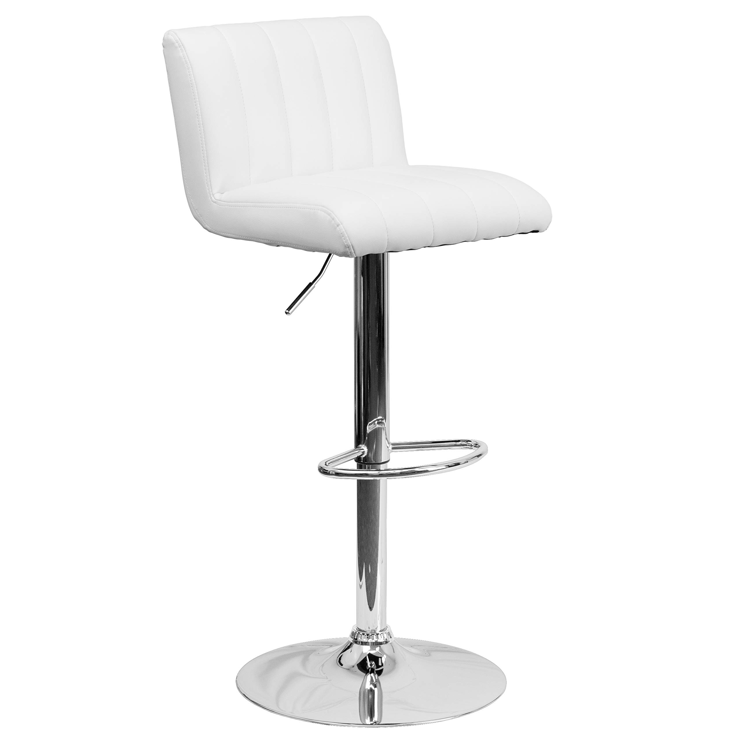 2 Pack White Vinyl Adjustable Bar Stools with Vertical Stitch Design & Chrome Base - Modern Kitchen Counter Stools for Dining Room, Bar, or Breakfast Nook
