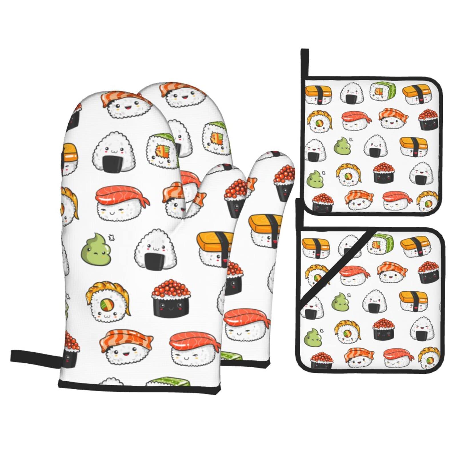 Japanese Kawaii Sushi Oven Mitts & Pot Holders Set of 4 - Heat Resistant Kitchen Gloves for Cooking, Baking, Grilling & BBQ - Perfect for Home Chefs & Sushi Lovers