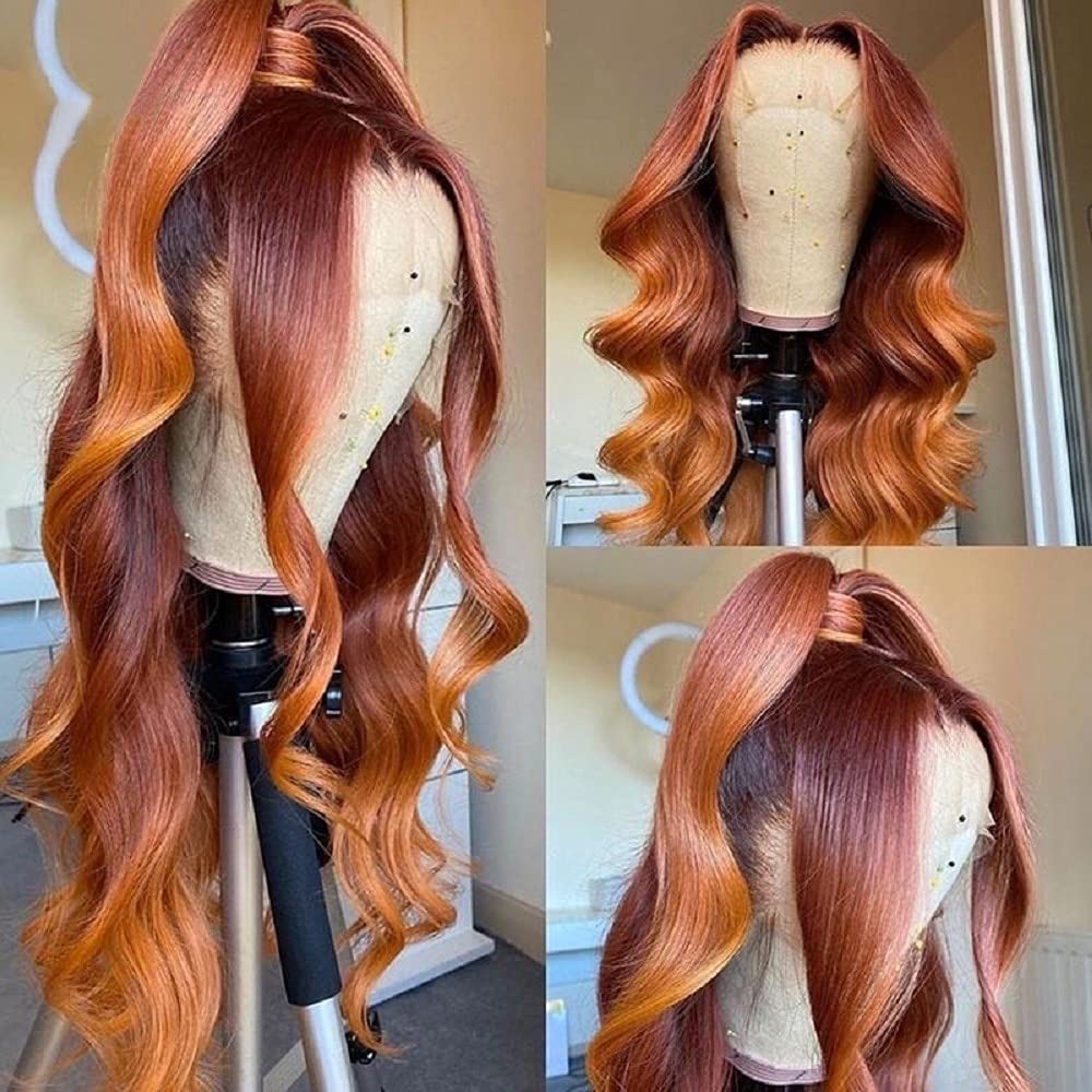 13x4 Lace Front Human Hair Wig - Ombre Ginger Orange Body Wave with Baby Hair & Natural Hairline | 180% Density Glueless Middle Part Wig for Women | Perfect for Cosplay, Daily Wear & Special Occasions