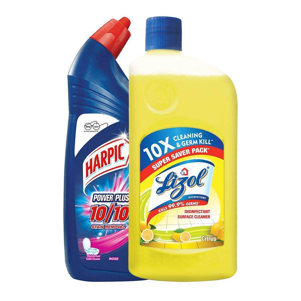 Lizol Disinfectant Surface & Floor Cleaner, Citrus Scent - 975ml & Harpic Powerplus Toilet Cleaner, Rose Fragrance - 1L | Multi-Purpose Cleaning for Kitchen, Bathroom & Floors | Kills 99.9% Germs