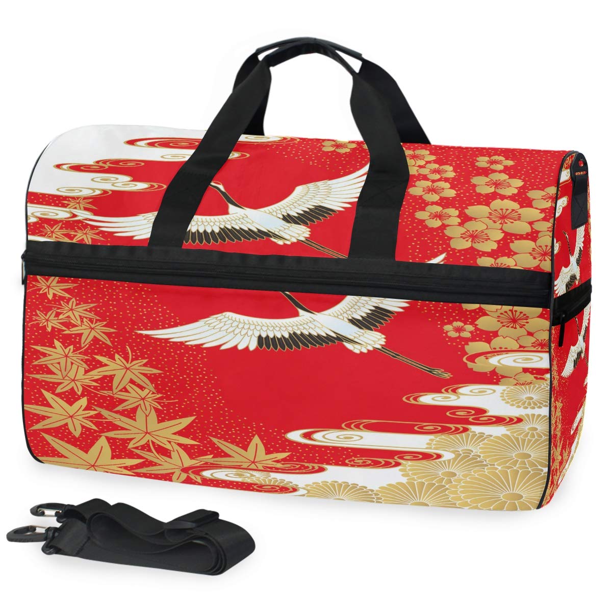 ALAZA Japanese Cranes & Sakura Gym Duffel Bag - Stylish Travel Luggage with Shoe Compartment for Men & Women | Perfect for Gym, Sports, Weekend Trips & Travel