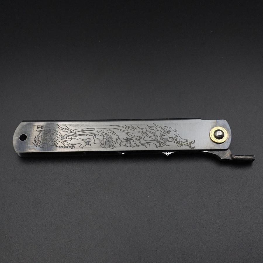 Premium Ryubu Dragon Black Higonokami Folding Knife - 120mm Aogami Steel Blade - Japanese Traditional Pocket Knife for Outdoor, Camping & EDC Use