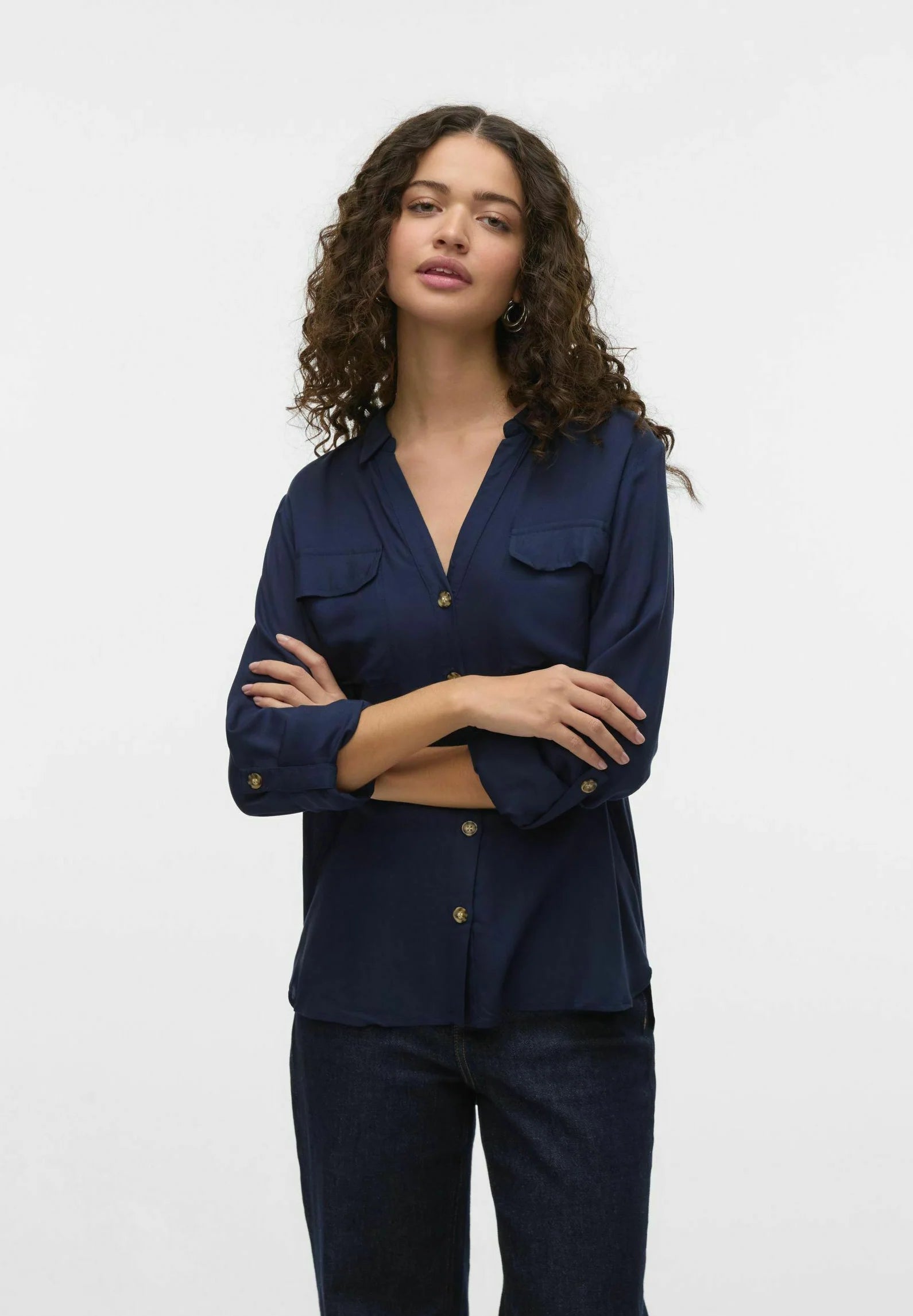 Vero Moda Women's Navy Blue Bumpy Textured Blouse - Casual Office Wear & Everyday Stylish Top