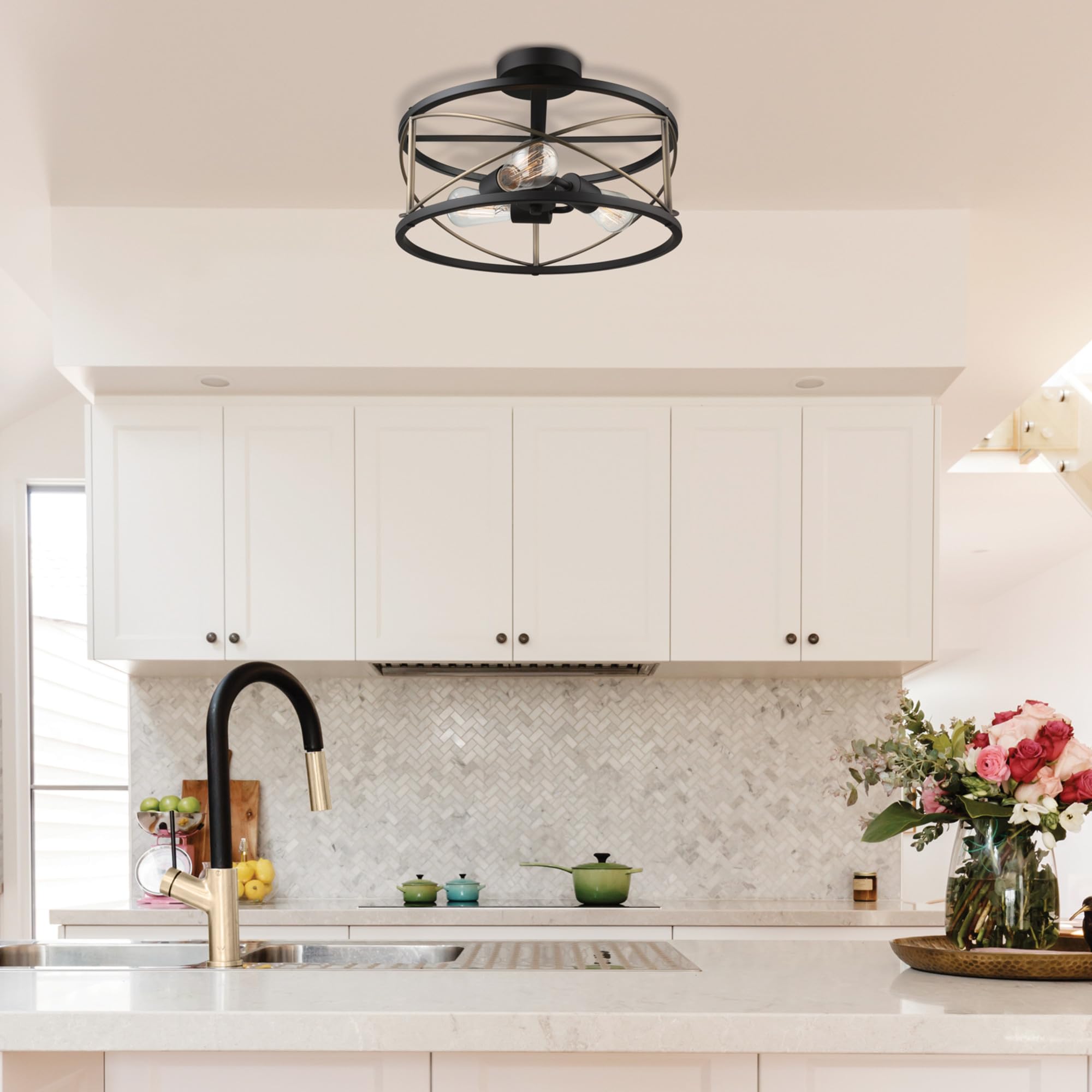 Globe Electric 60869 Denali 3-Light Flush Mount Ceiling Fixture in Matte Black with Brass Accents - Perfect for Bedroom, Hallway, and Entryway Lighting