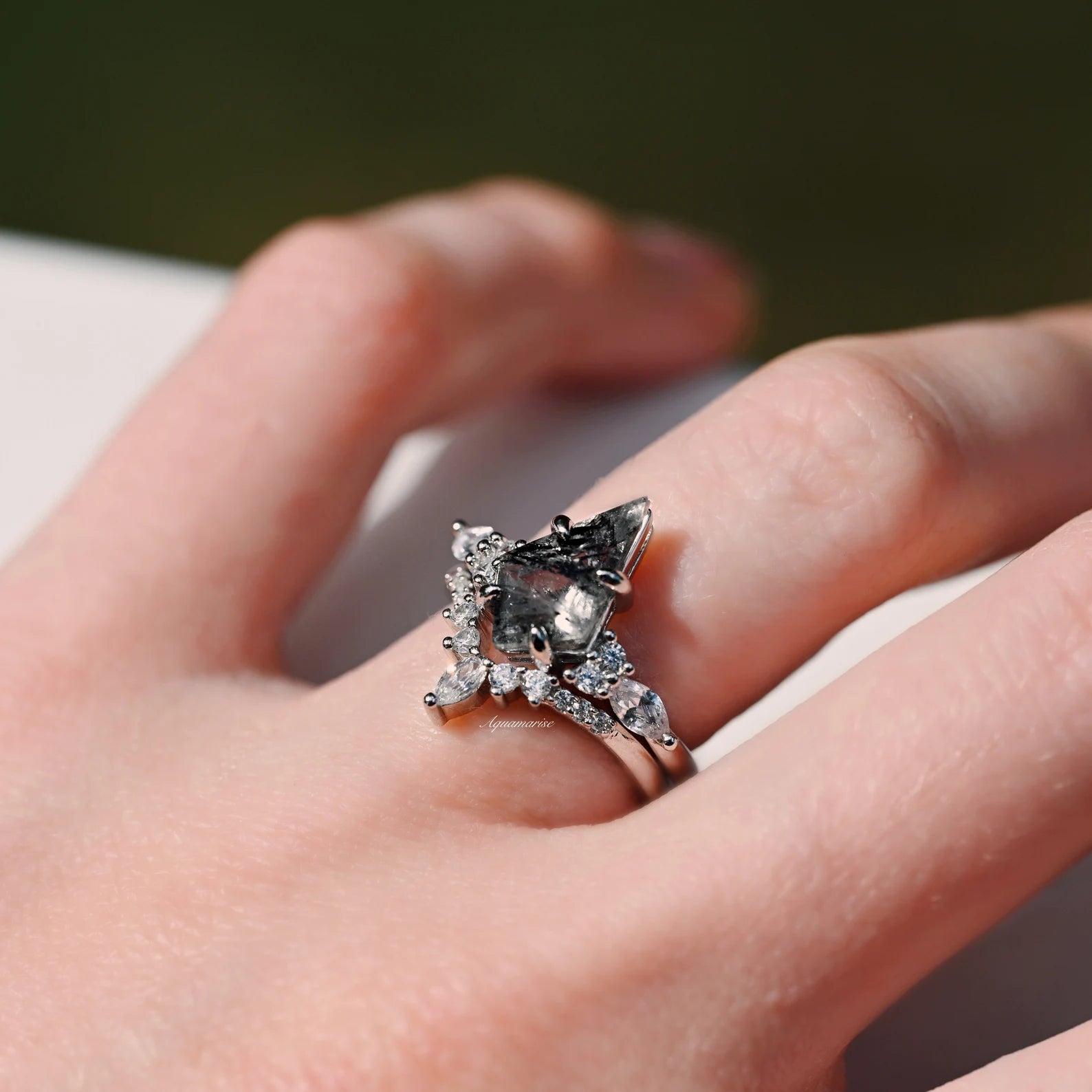 Skye Kite™ 14K White Gold Salt & Pepper Diamond Engagement Ring Set - Herkimer Diamond Wedding Band for Women, Perfect for Proposals & Anniversary Gifts
