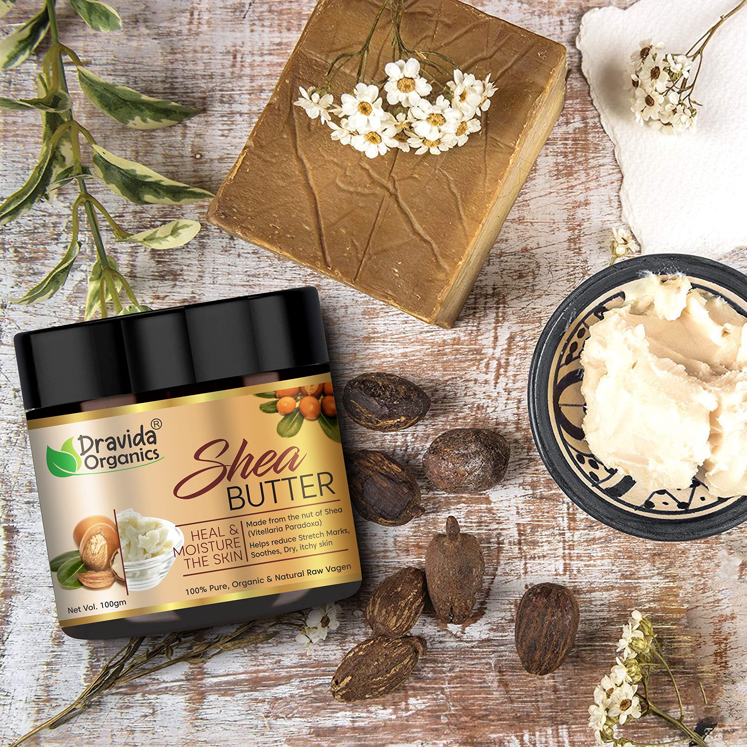Dravida Organics 100% Pure Unrefined African Raw Shea Butter - Natural Moisturizer for Face, Lips, Skin & Body Care (100g) | Perfect for Dry Skin Treatment, Hair Conditioning & DIY Beauty Recipes