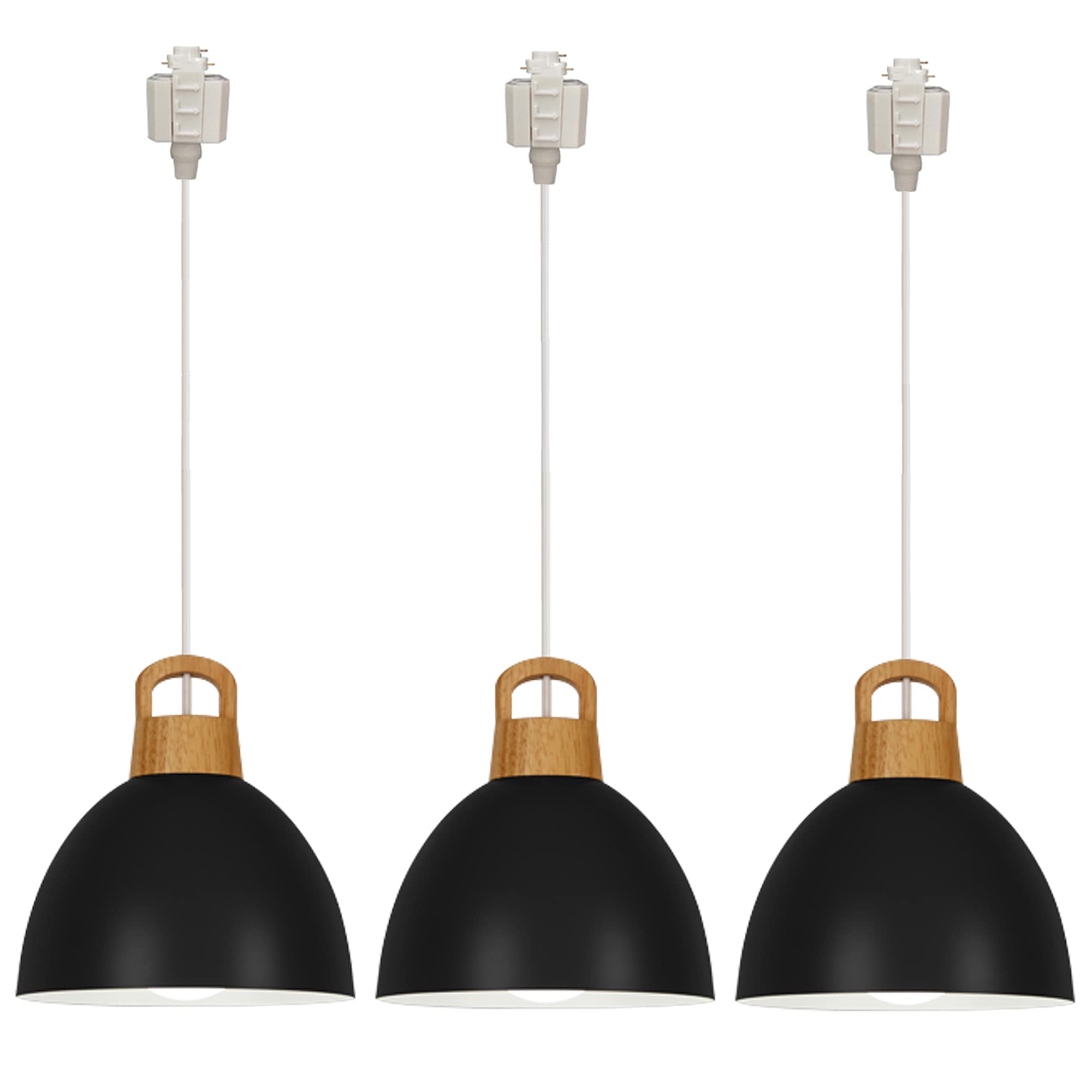 Macaron Iron Pendant Light with Wooden Handle - E26 Socket, H-Type Track Light, 3.2 ft Cord, Black Circular Design - Perfect for Living Room, Dining Room & Bedroom Lighting Decor (3-Light Customizable Set)