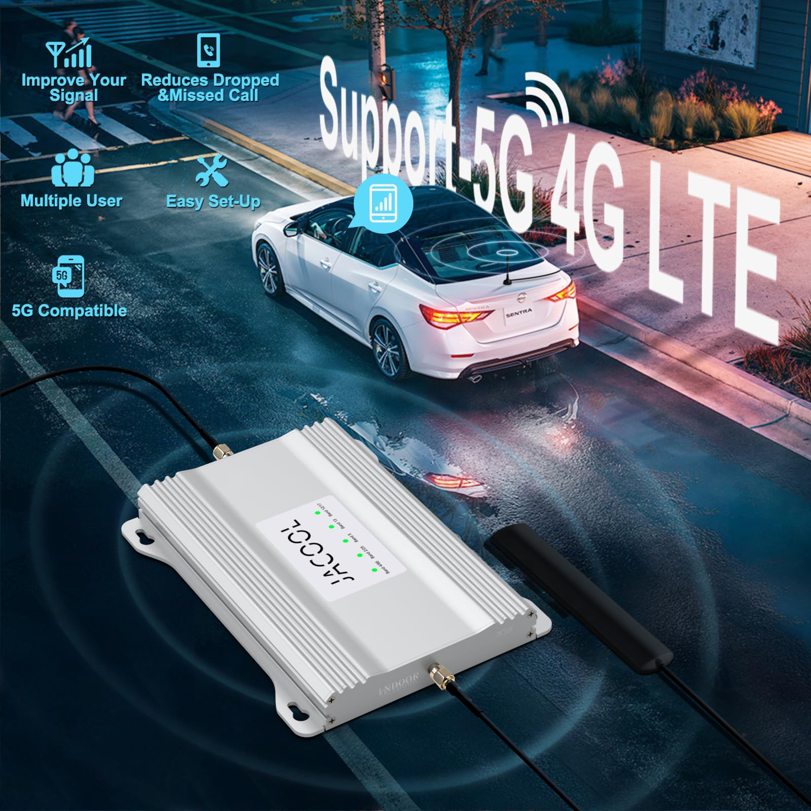 JACOOL 5G 4G LTE 3G Cell Phone Signal Booster for Truck, Car, RV, SUV & Trailer - Verizon, T-Mobile, AT&T & All Carriers - Supports Band 13,12,17,5,4,66,2,25 - Perfect for Road Trips, Camping & Remote Work